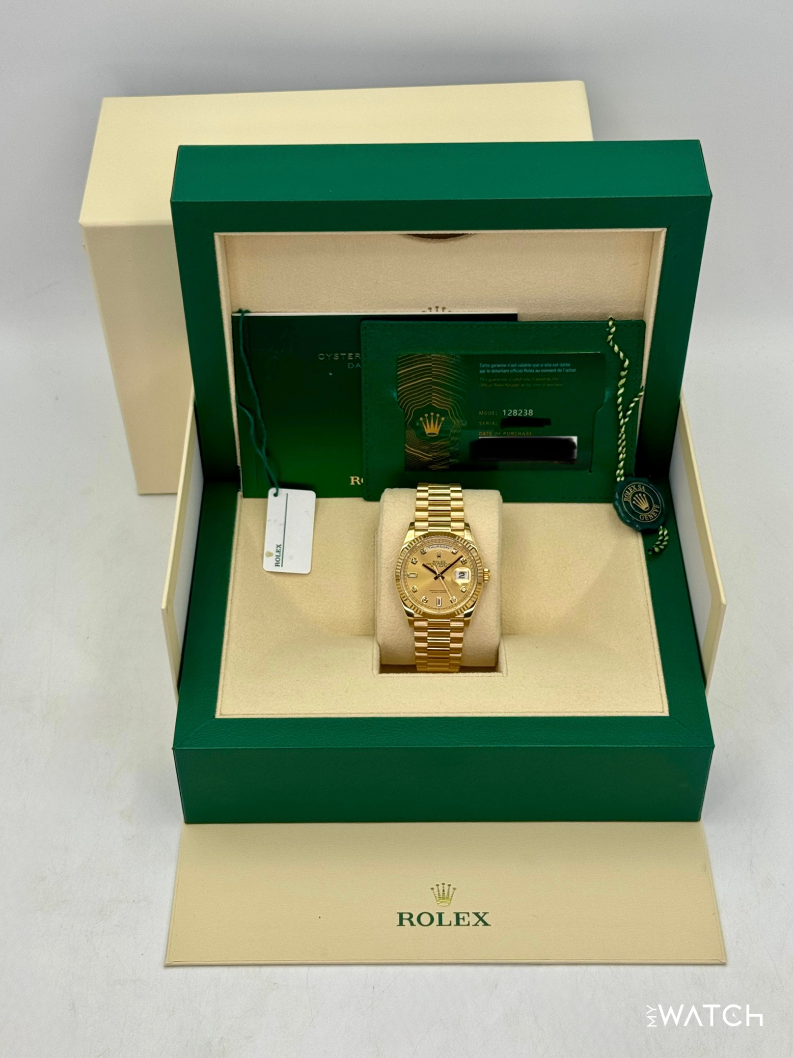 2024 Rolex Day-Date 36mm 128238 Presidential Champagne Diamond Dial - MyWatchLLC