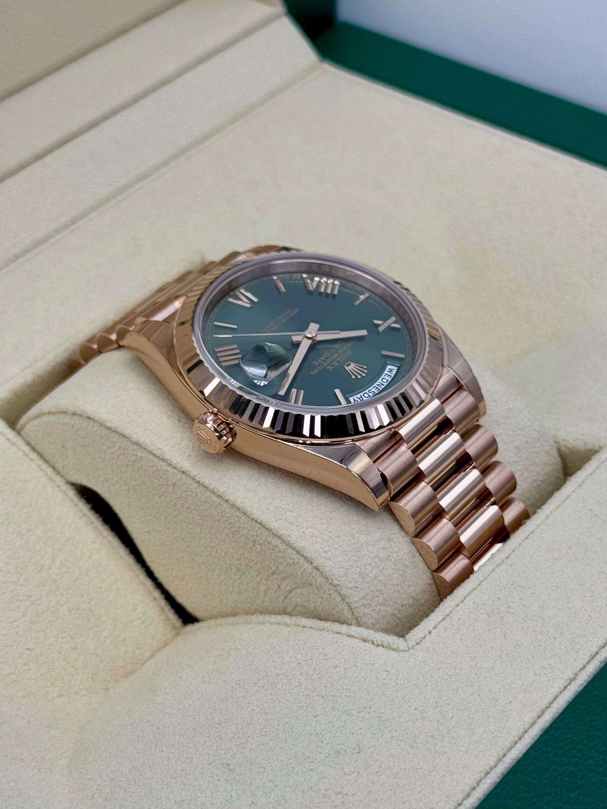 NEW 2025 Rolex Day-Date 40mm 228235 Presidential Rose Gold Olive Dial - MyWatchLLC