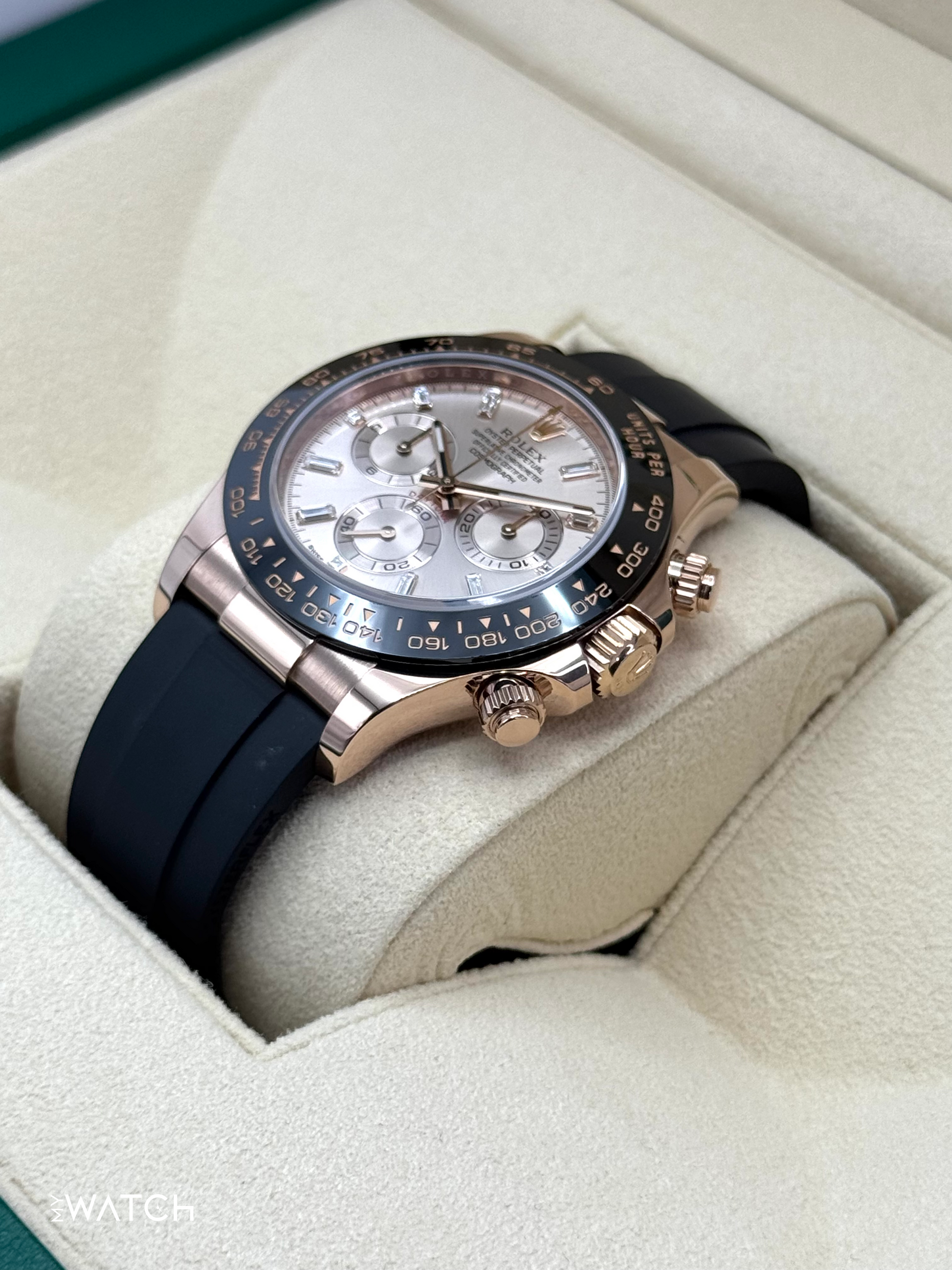 2022 Rolex Daytona 40mm 116515LN Rose Gold Oysterflex Sundust Baguette Dial - MyWatchLLC