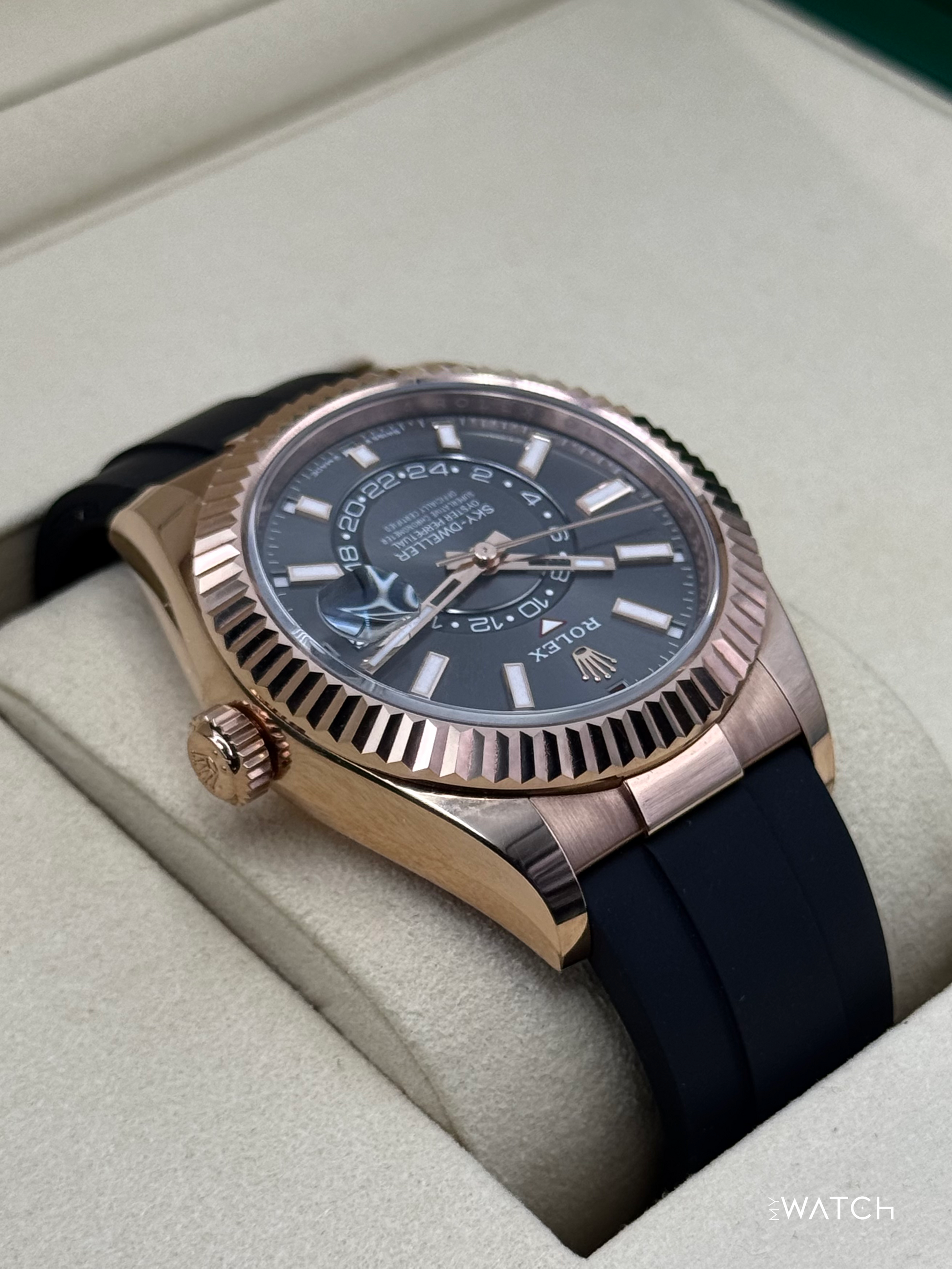 2025 Rolex Sky-Dweller 336235 Rose Gold Oysterflex Rhodium Dial - MyWatchLLC