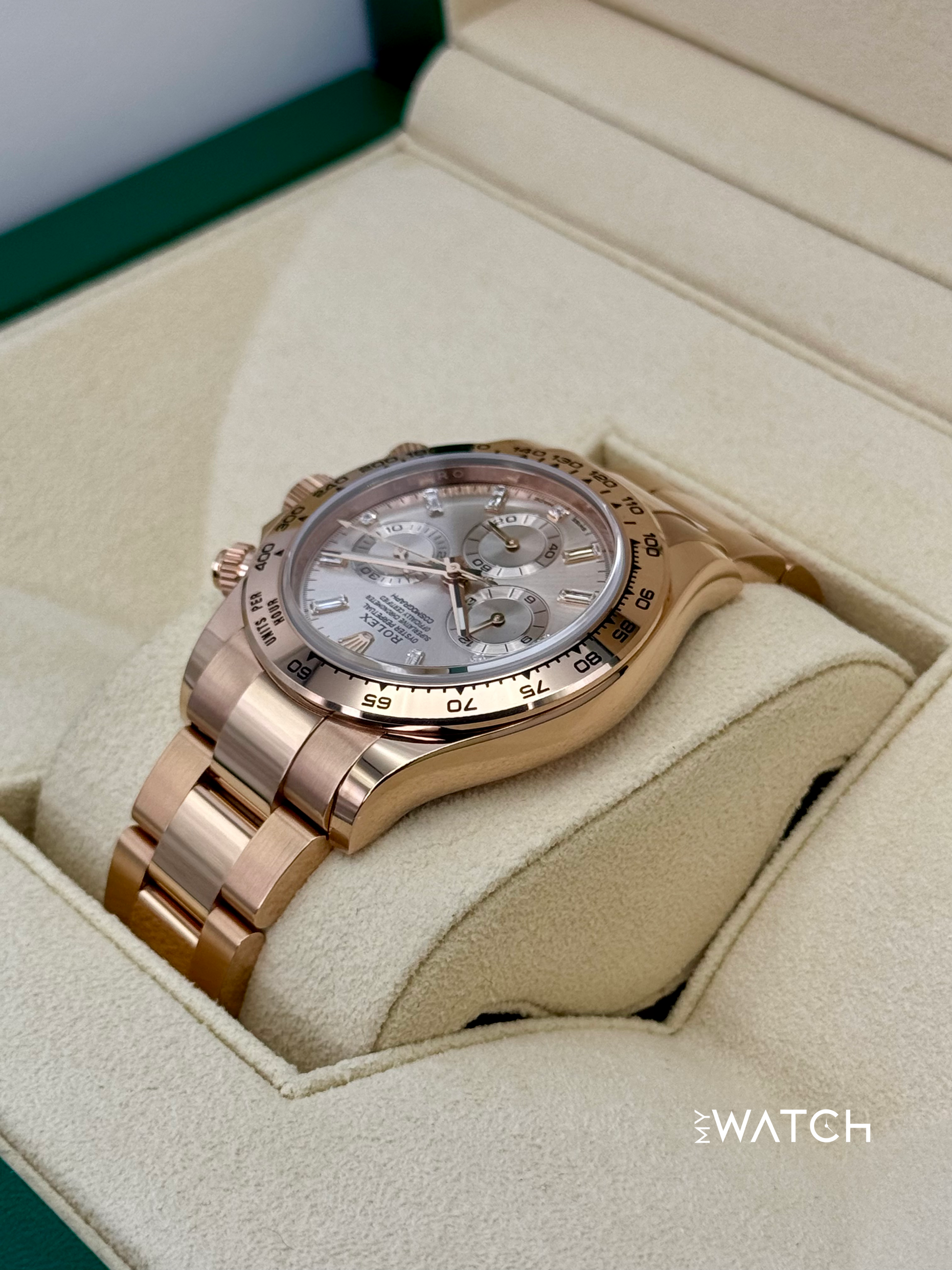 2022 Rolex Daytona 40mm 116505 Rose Gold Sundust Diamond Baguette Dial - MyWatchLLC