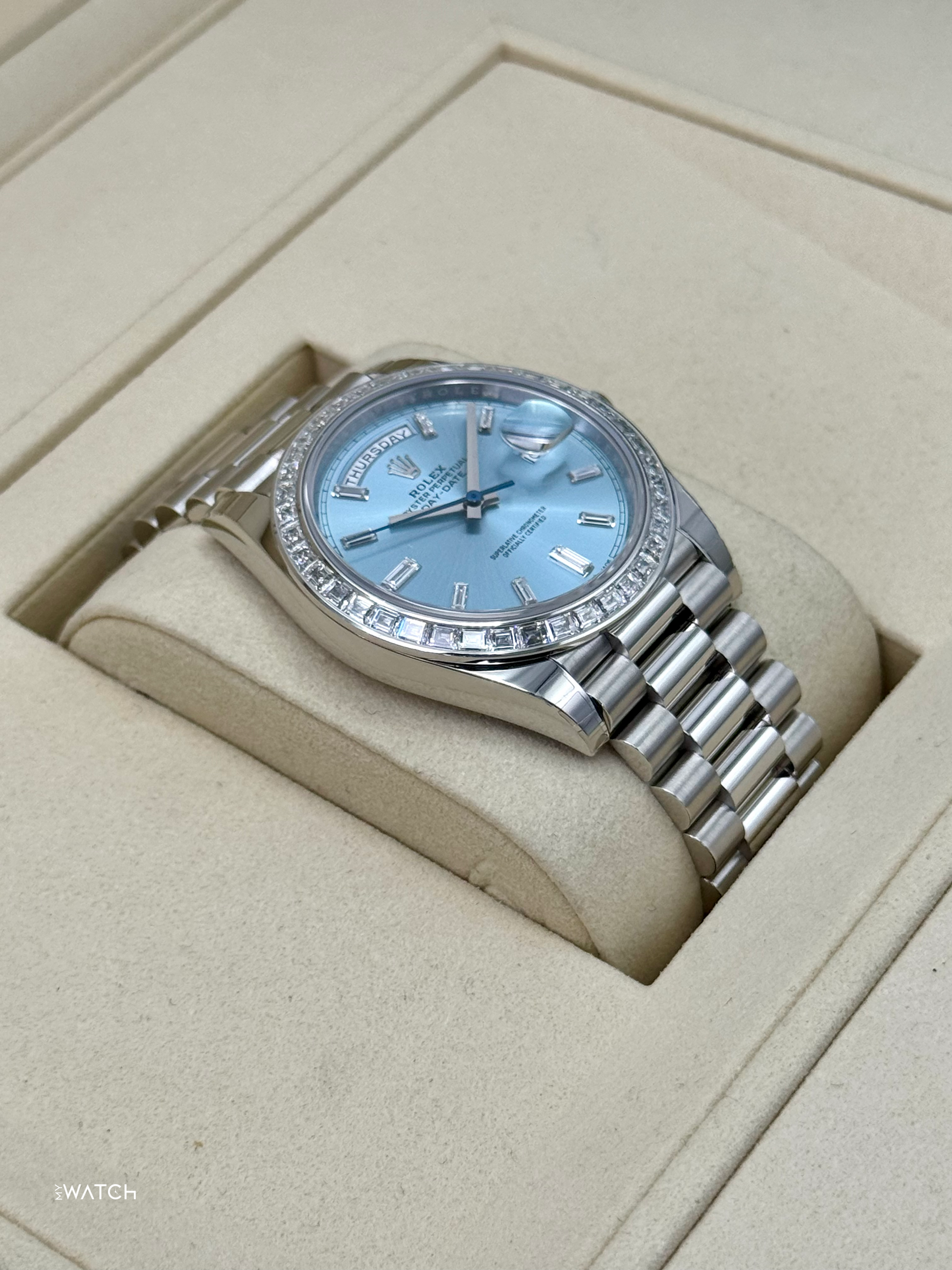 NEW 2025 Rolex Day-Date 40mm 228396TBR Ice Blue Diamond Baguette Dial - MyWatchLLC