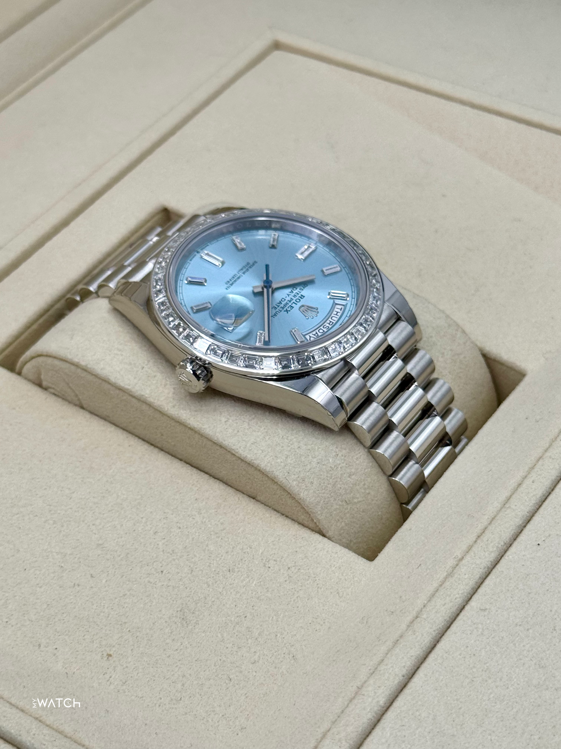 NEW 2025 Rolex Day-Date 40mm 228396TBR Ice Blue Diamond Baguette Dial - MyWatchLLC