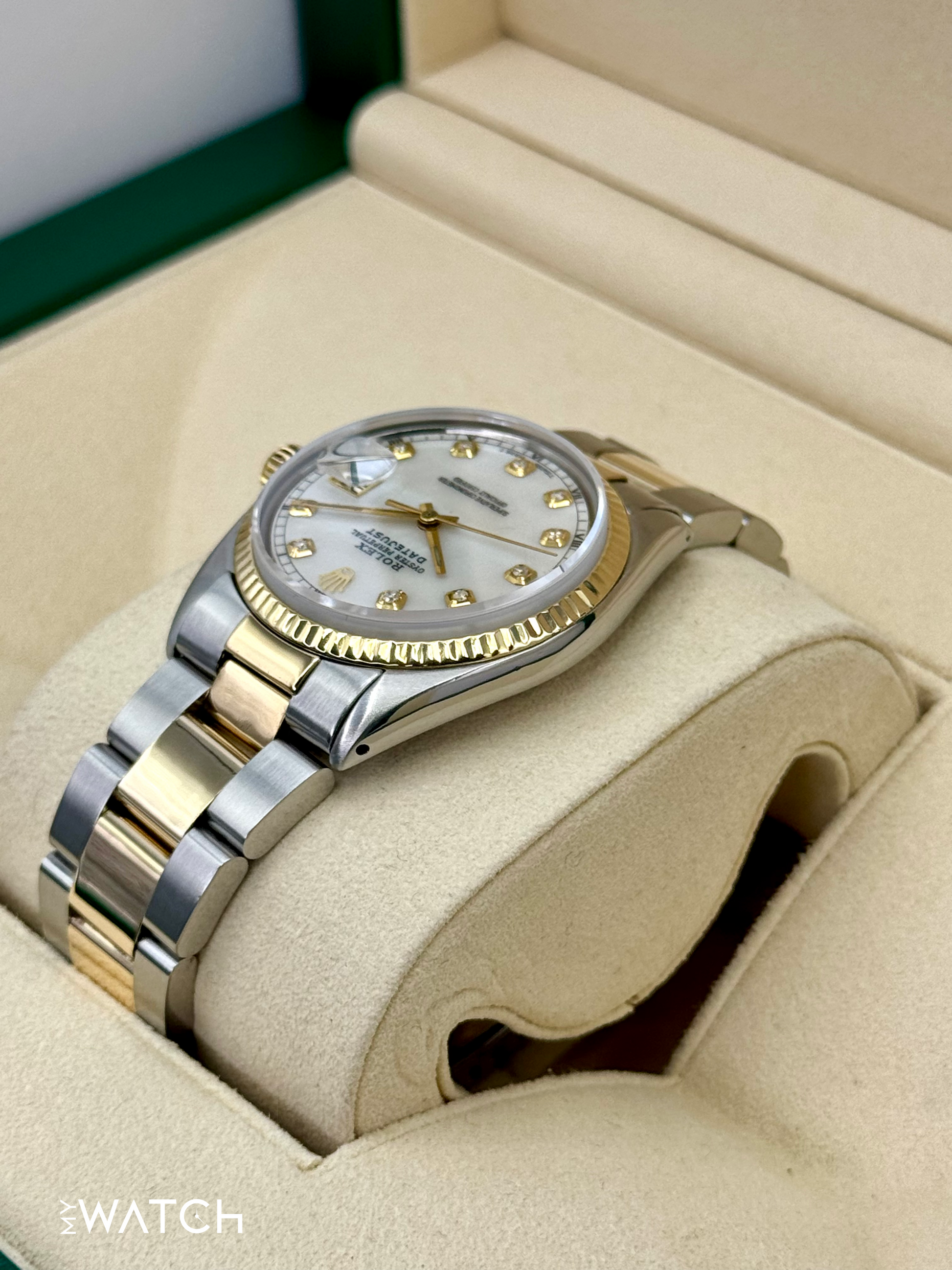 1972 Rolex Datejust 36mm 1601 Two-Tone Oyster Mother of Pearl Diamond Dial - MyWatchLLC