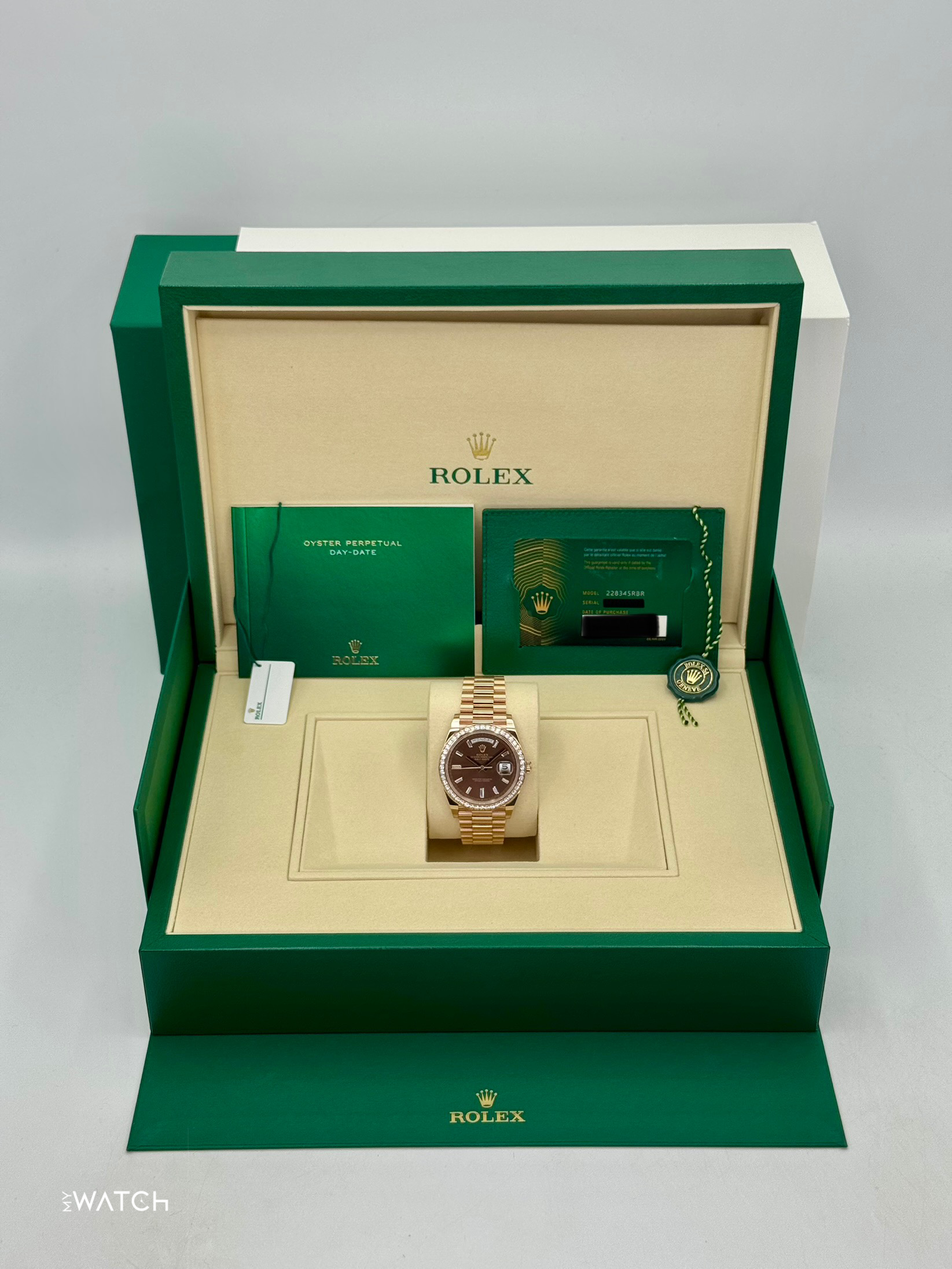 2025 Rolex Day-Date 40mm 228345RBR Rose Gold Chocolate Diamond Dial - MyWatchLLC