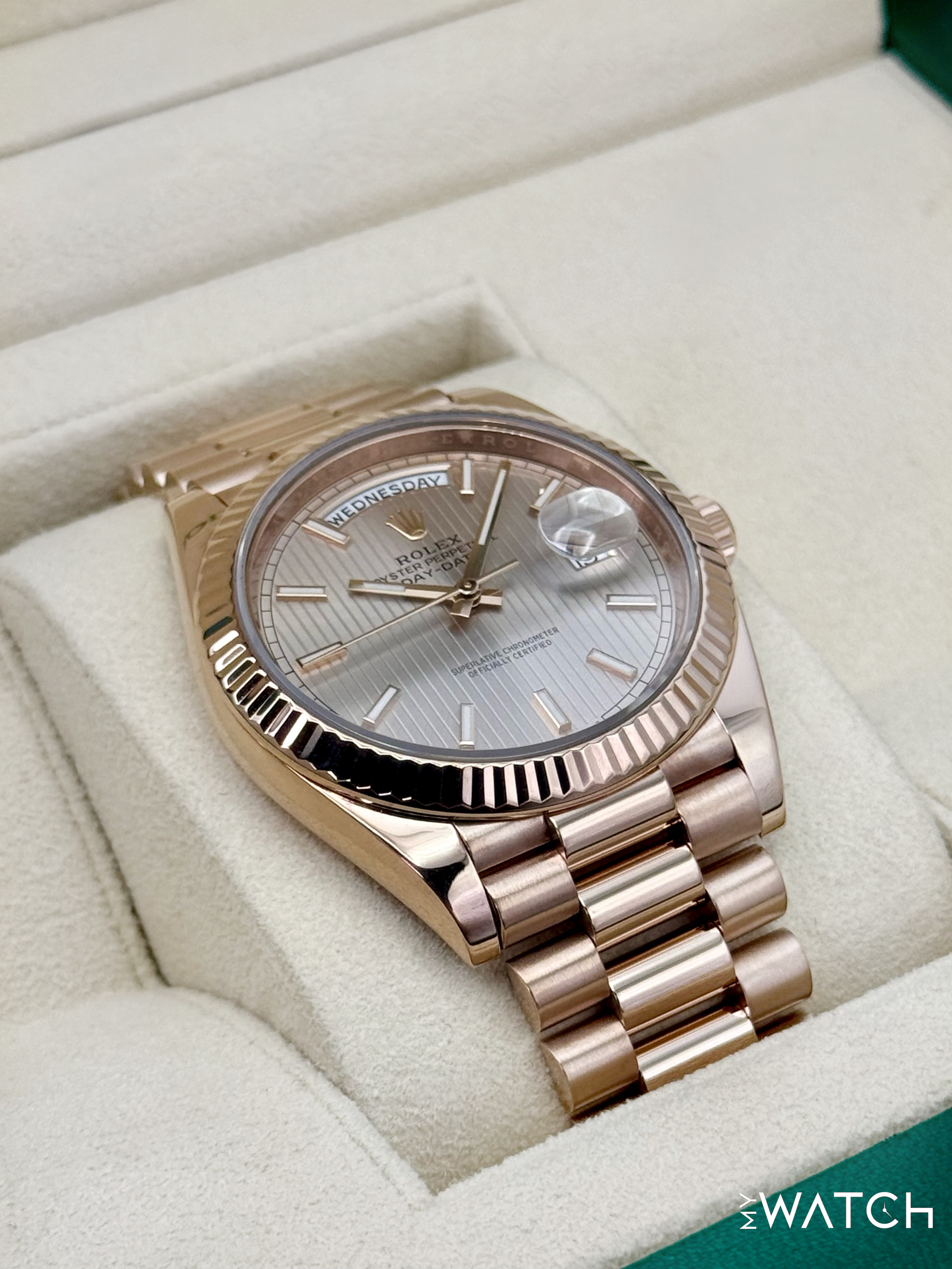 2018 Rolex Day-Date 40mm 228235 Presidential Rose Gold Stripe Motif Dial - MyWatchLLC