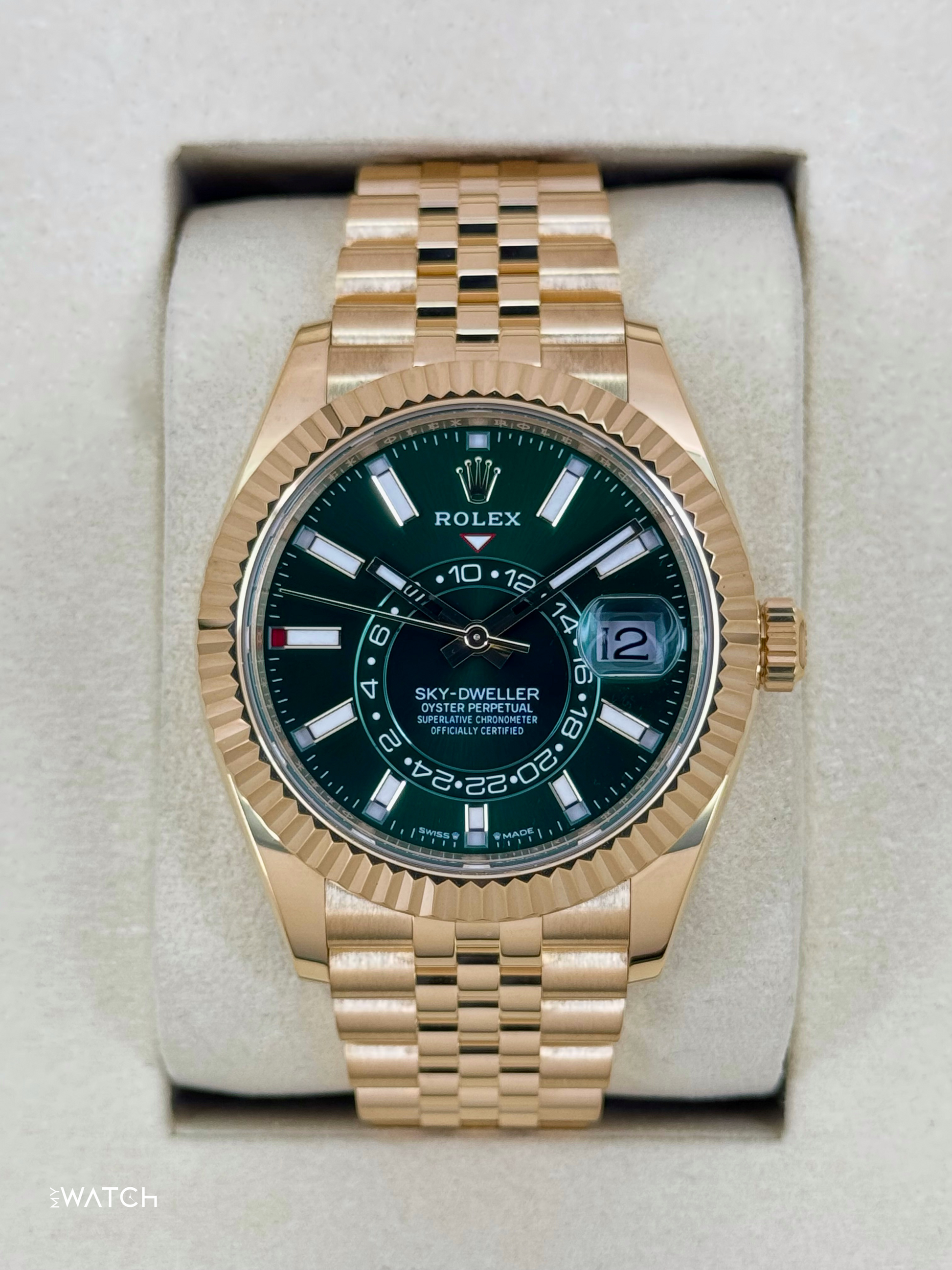 NEW 2025 Rolex Sky-Dweller 42mm 336938 Yellow Gold Jubilee Green Dial - MyWatchLLC