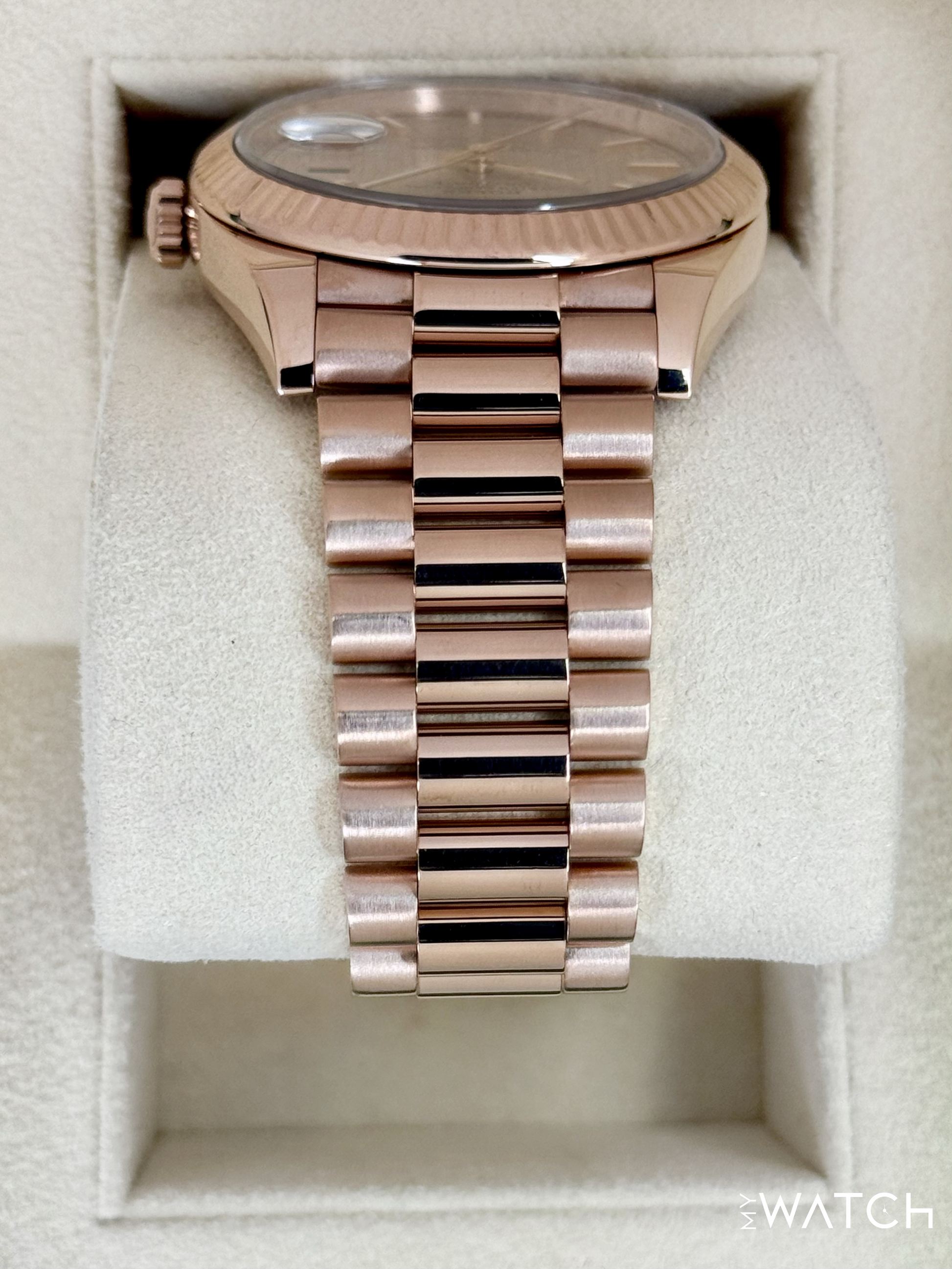 2018 Rolex Day-Date 40mm 228235 Presidential Rose Gold Stripe Motif Dial - MyWatchLLC