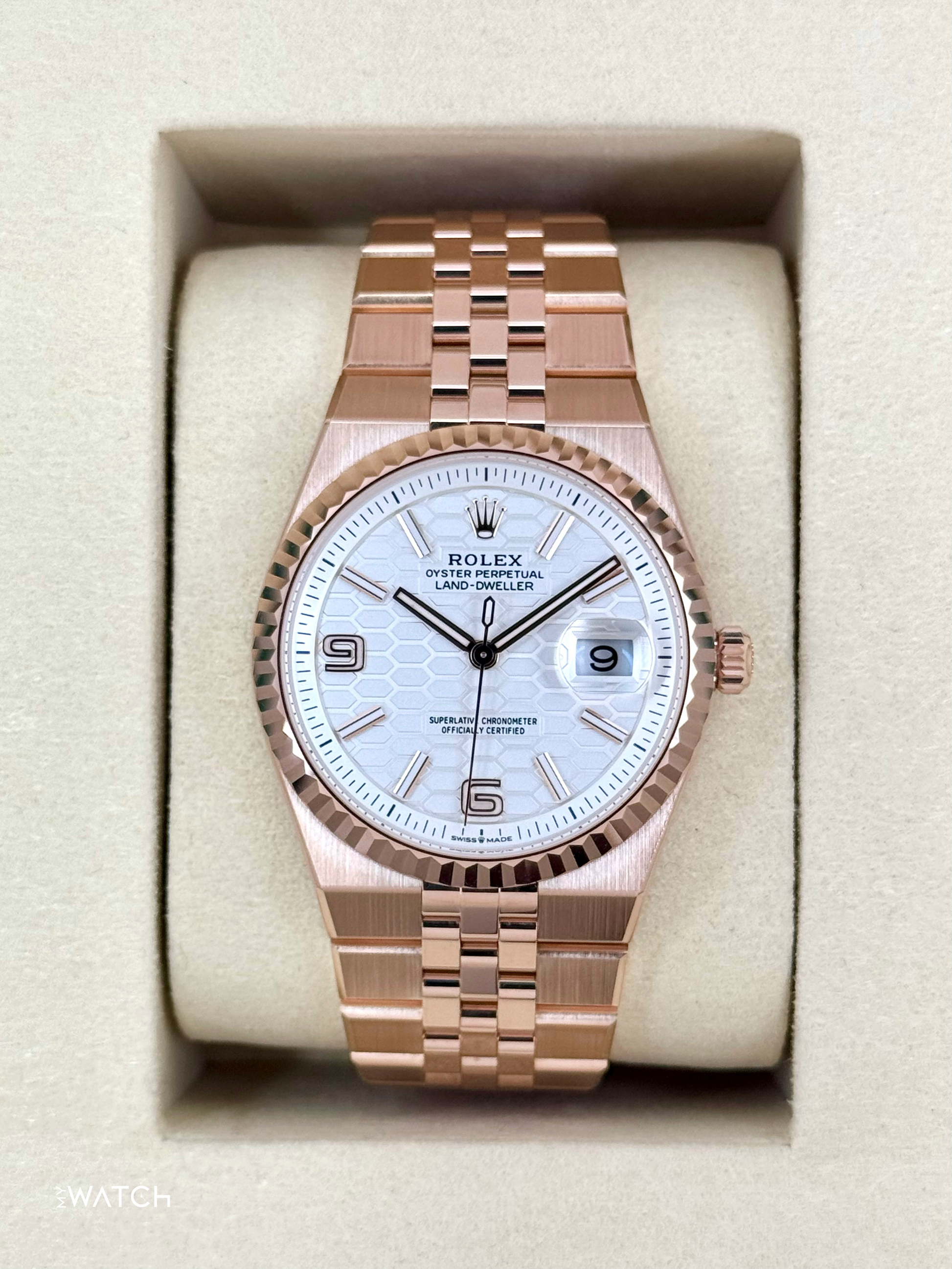 2025 Rolex Land-Dweller 36mm 127235 Rose Gold Flat Jubilee White Dial - MyWatchLLC