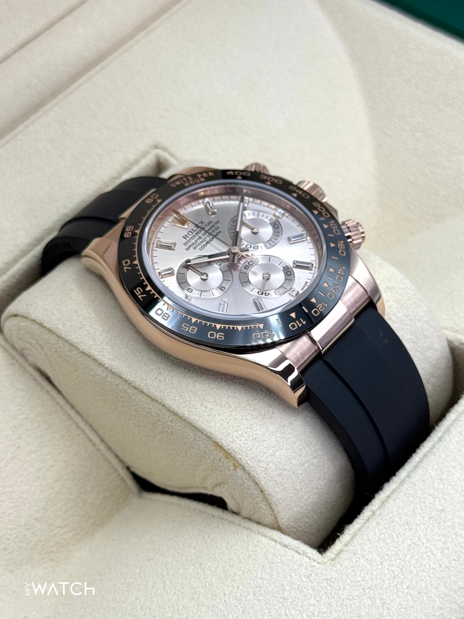 2022 Rolex Daytona 40mm 116515LN Rose Gold Oysterflex Sundust Baguette Dial - MyWatchLLC