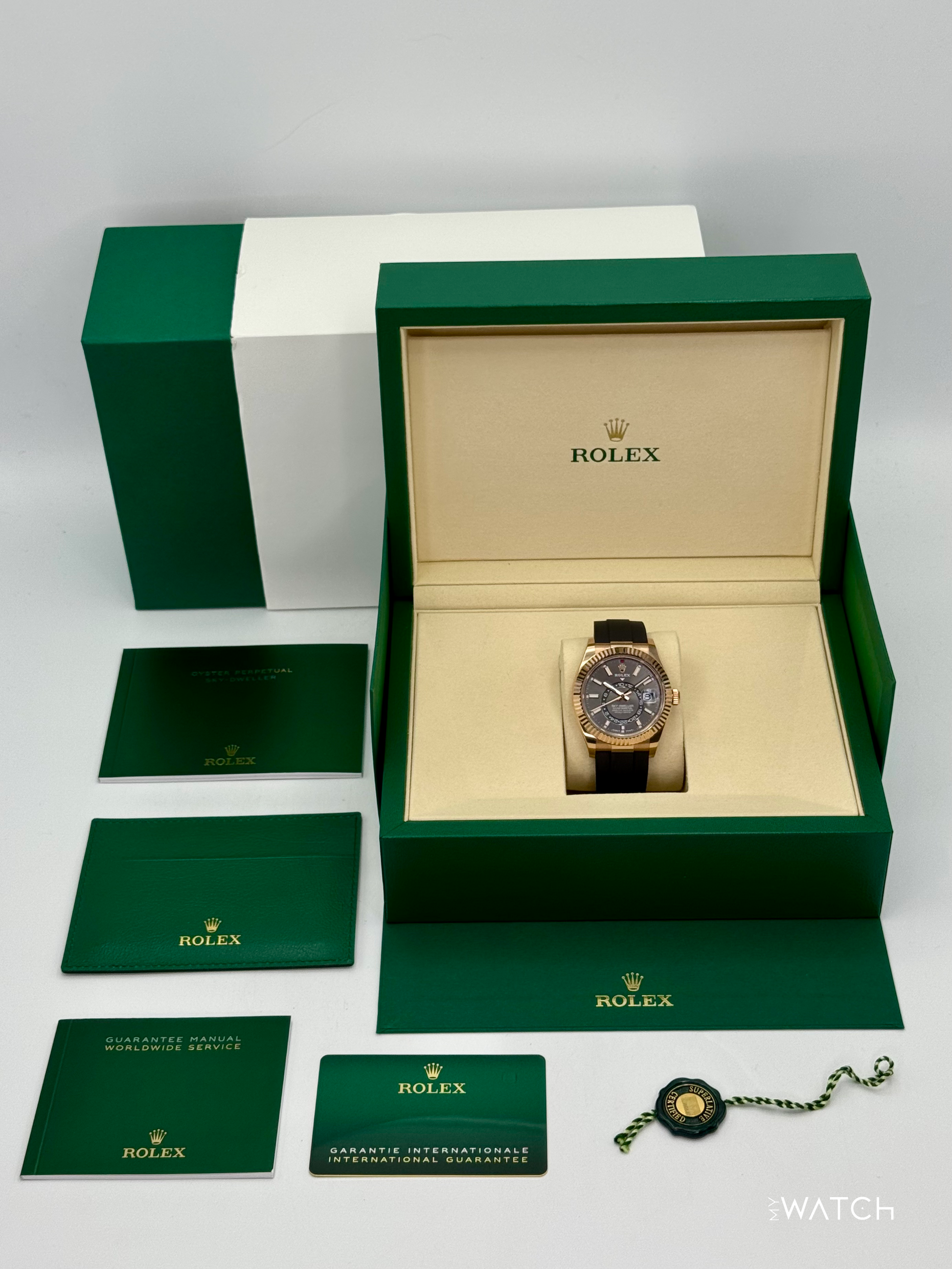 2025 Rolex Sky-Dweller 336235 Rose Gold Oysterflex Rhodium Dial - MyWatchLLC