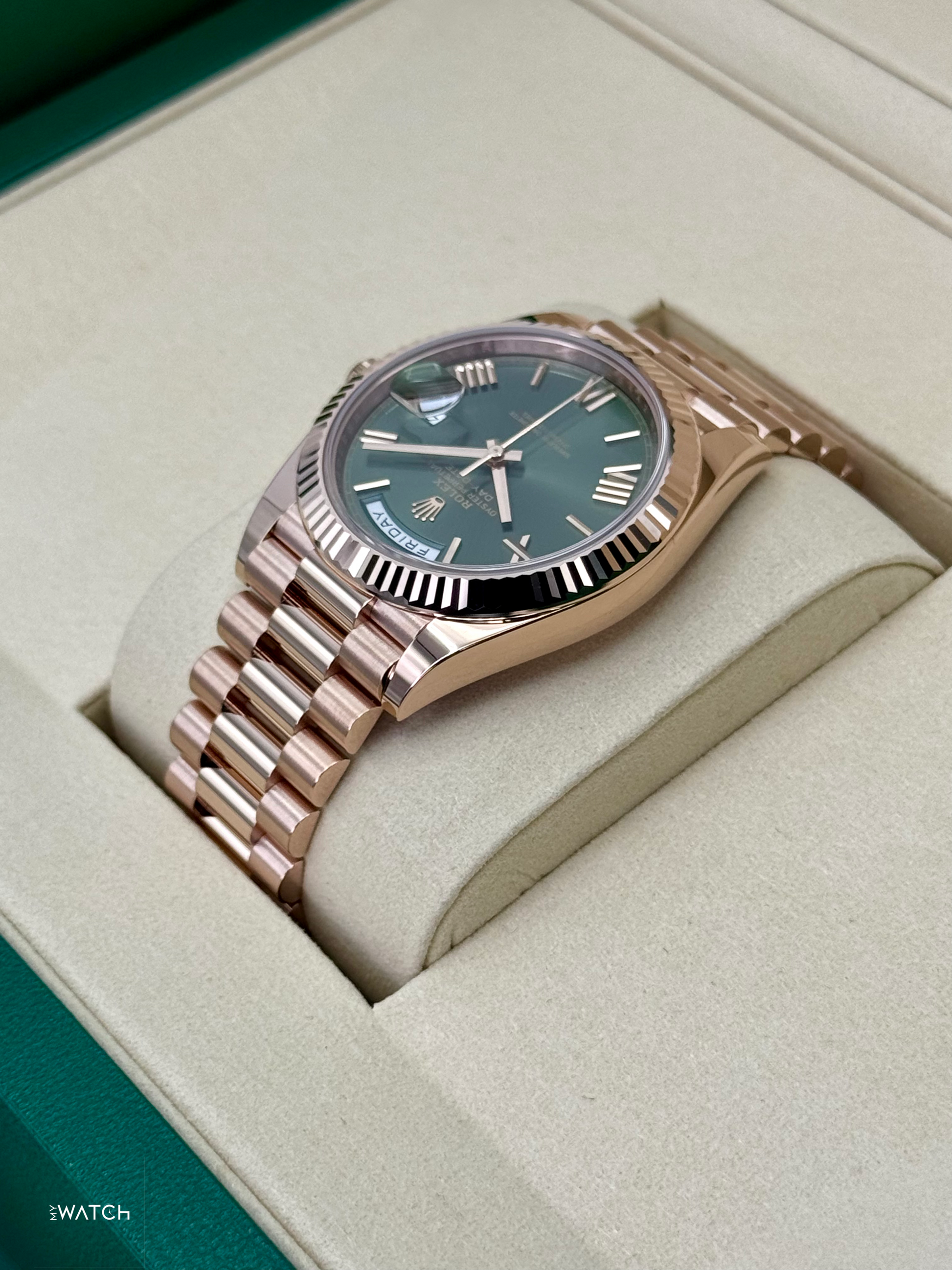 NEW 2025 Rolex Day-Date 40mm 228235 Presidential Rose Gold Olive Green Dial - MyWatchLLC