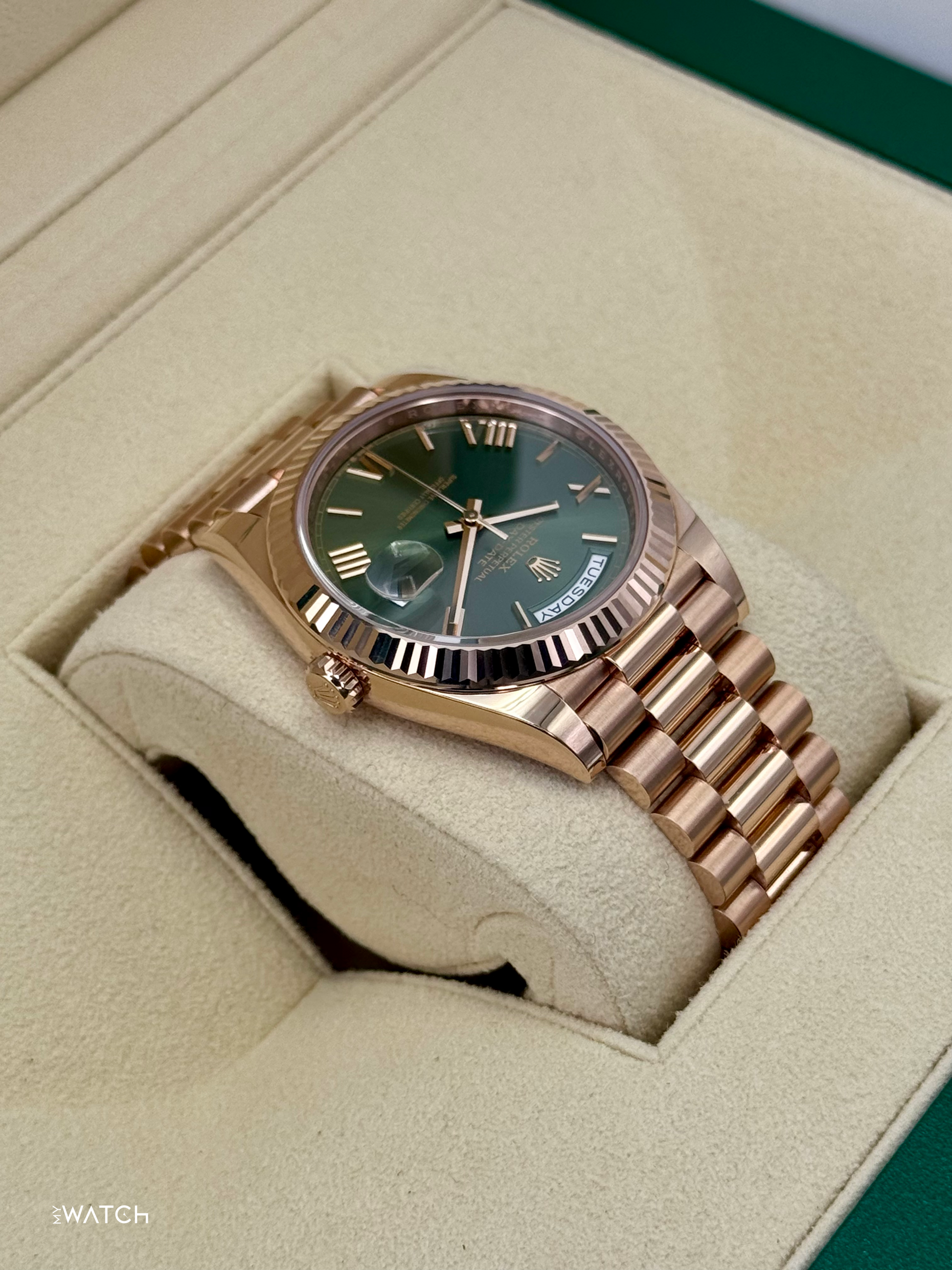 2025 Rolex Day-Date 40mm 228235 Presidential Rose Gold Olive Dial - MyWatchLLC