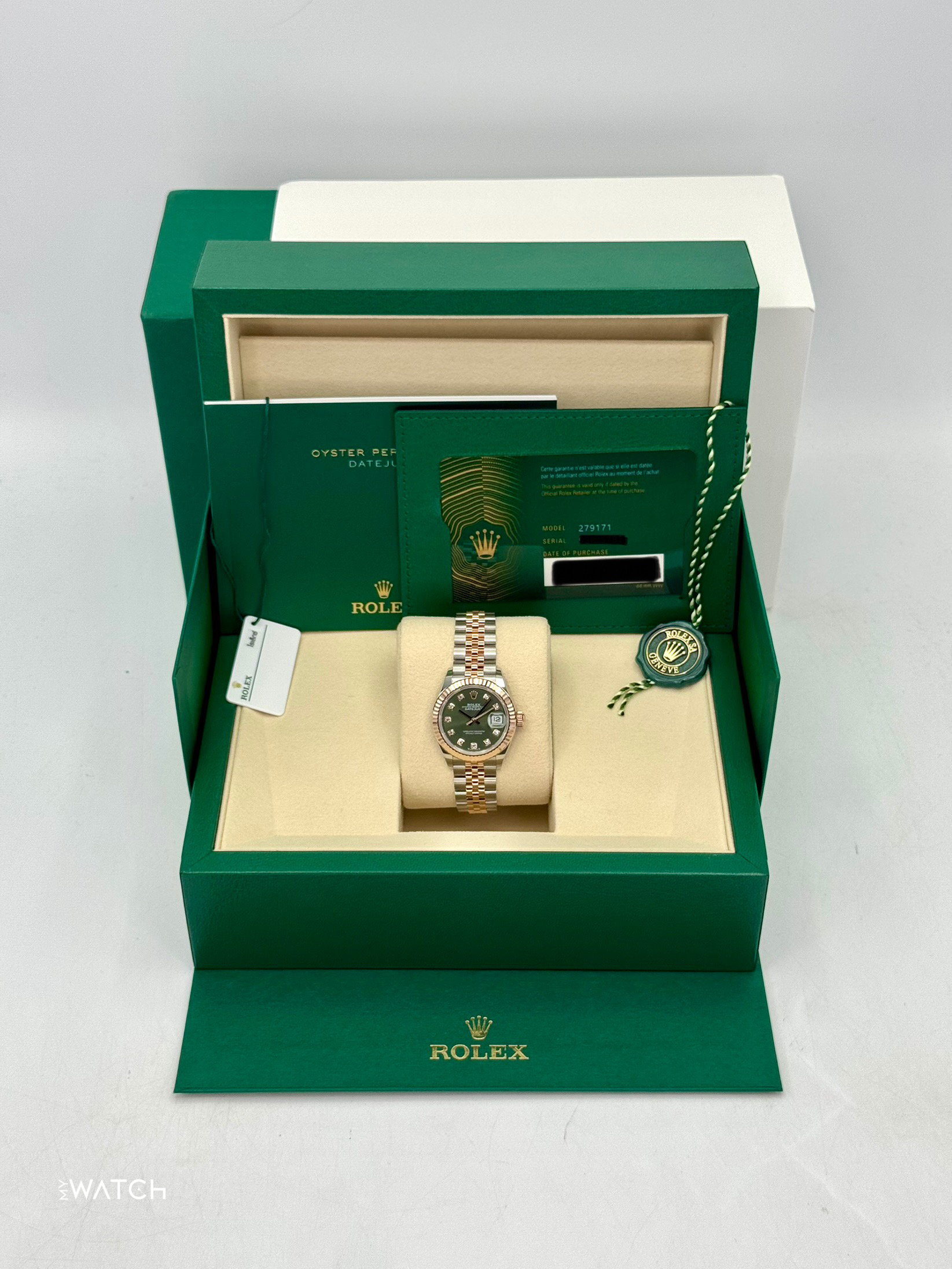 NEW 2025 Rolex Ladies Datejust 28mm 279171 Two-Tone Green Diamond Dial - MyWatchLLC