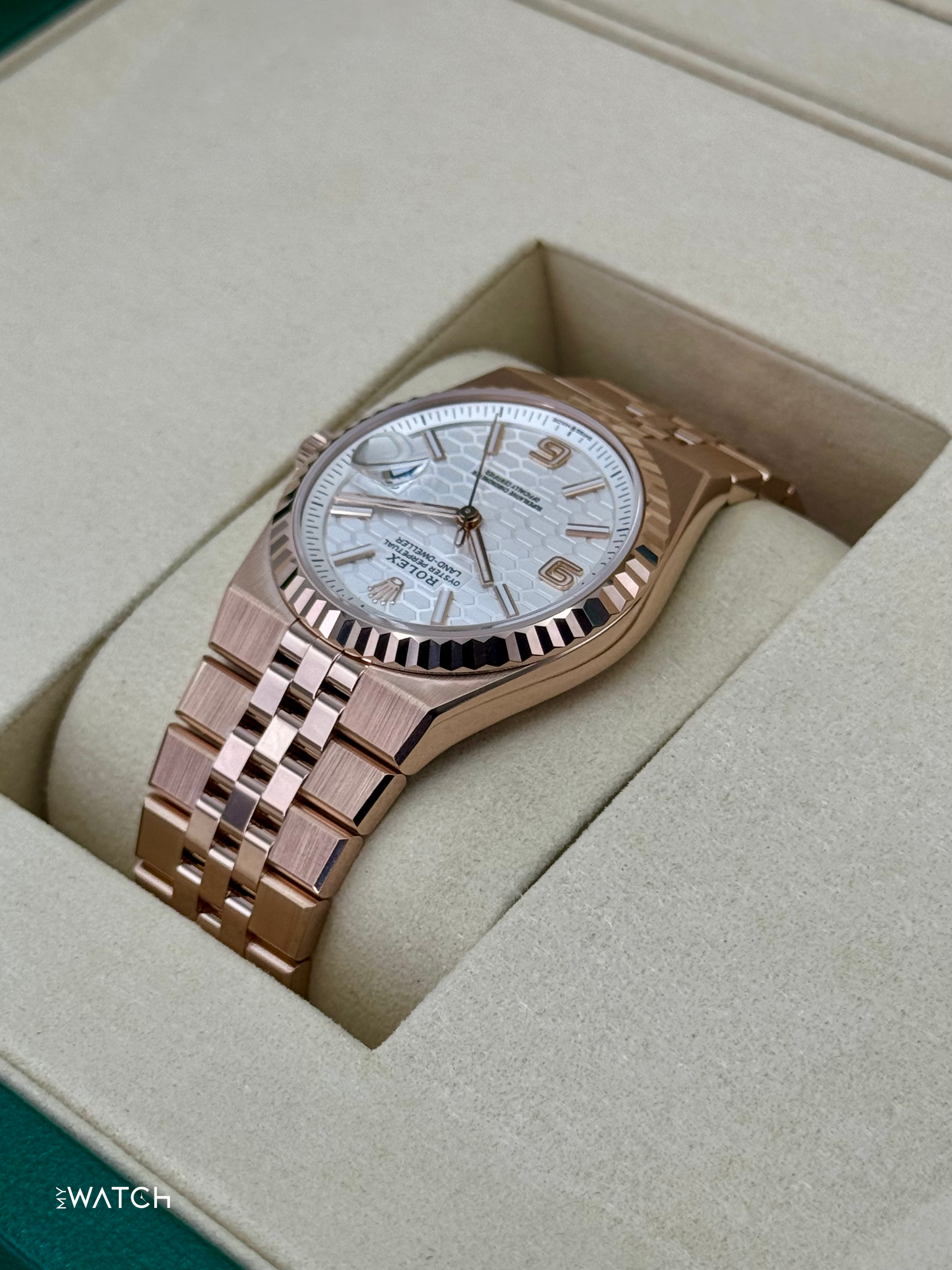2025 Rolex Land-Dweller 36mm 127235 Rose Gold Flat Jubilee White Dial - MyWatchLLC