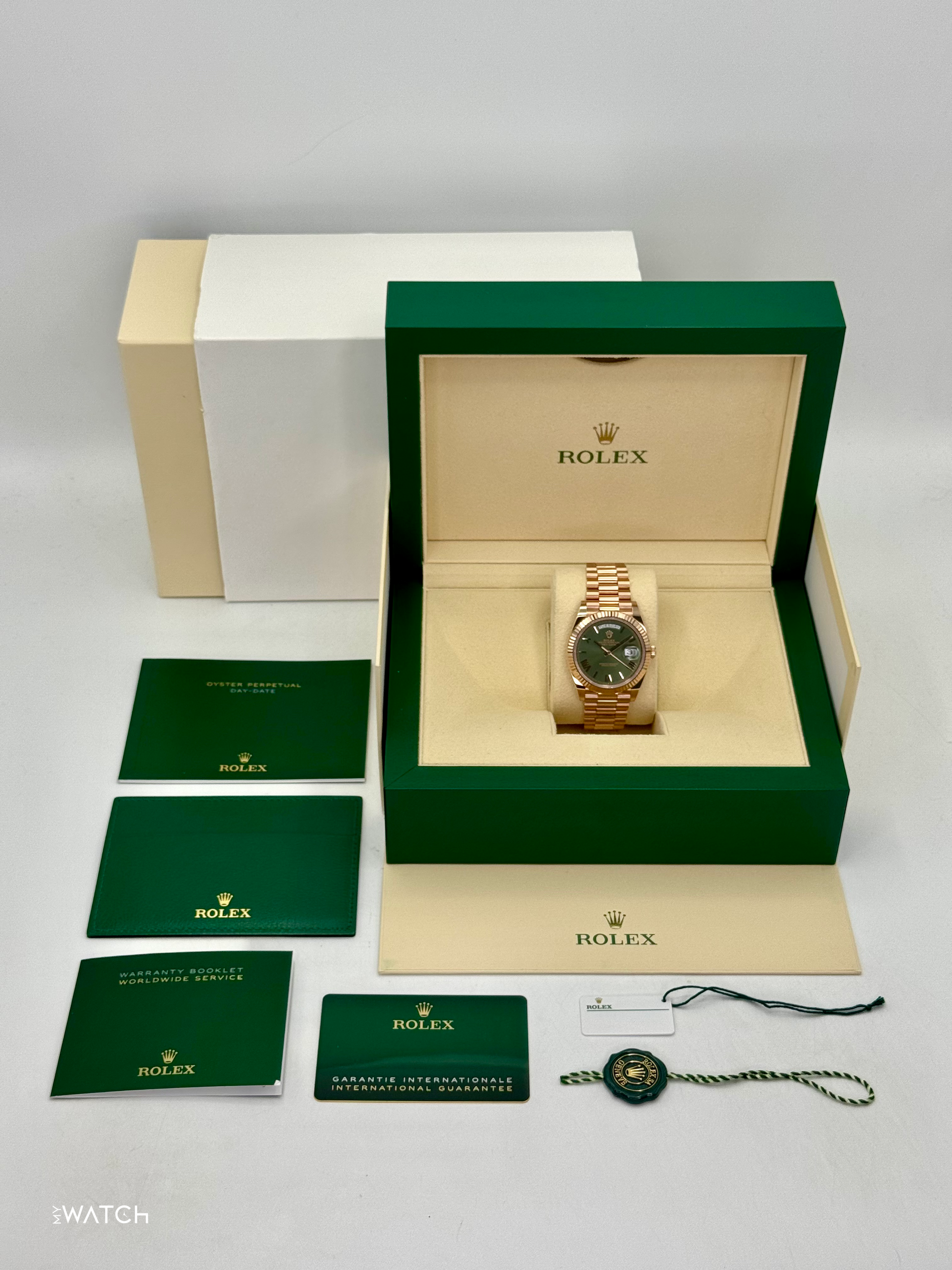 2025 Rolex Day-Date 40mm 228235 Presidential Rose Gold Olive Dial - MyWatchLLC