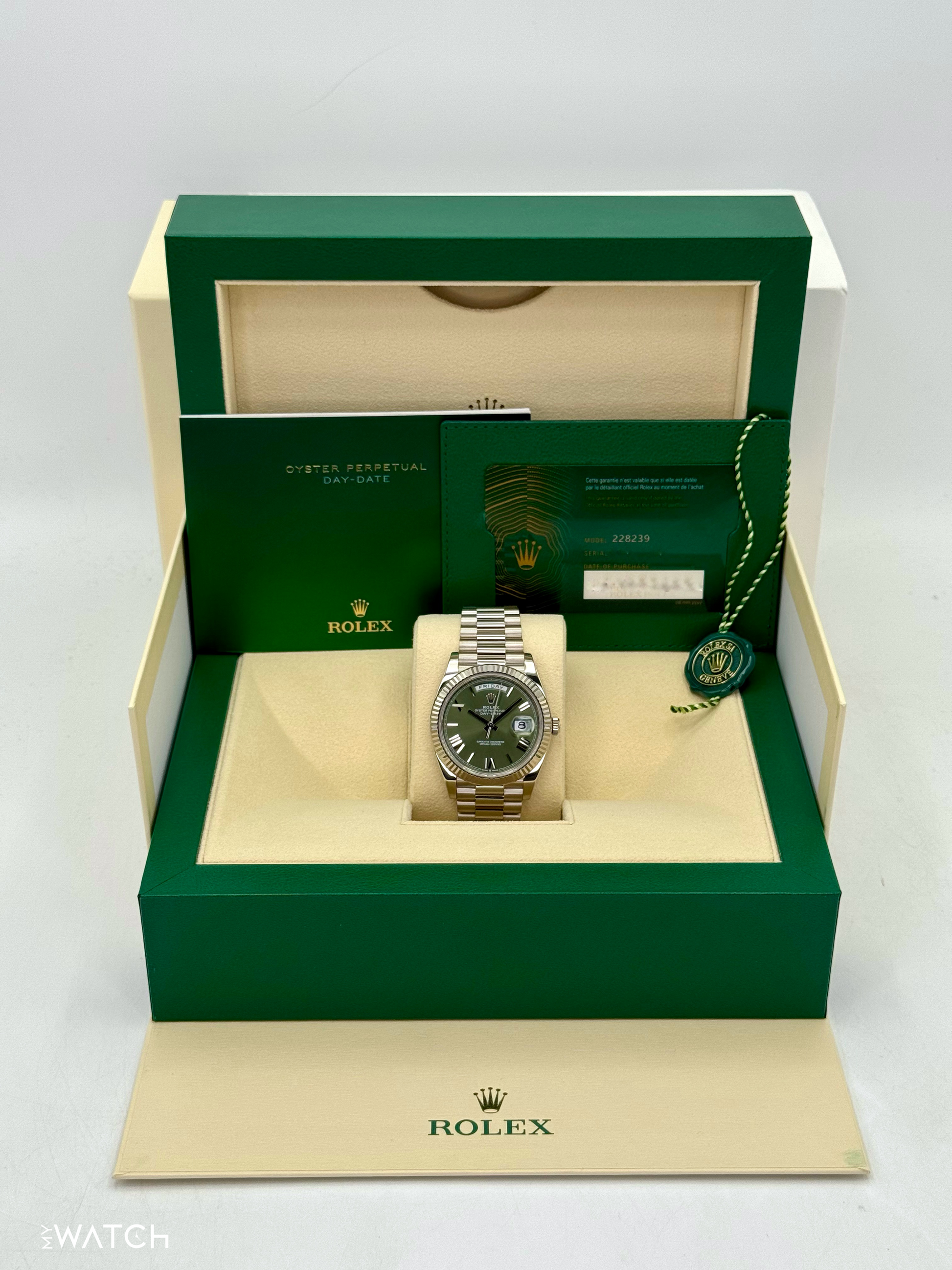 2022 Rolex Day-Date 40mm 228239 White Gold Olive Dial - MyWatchLLC