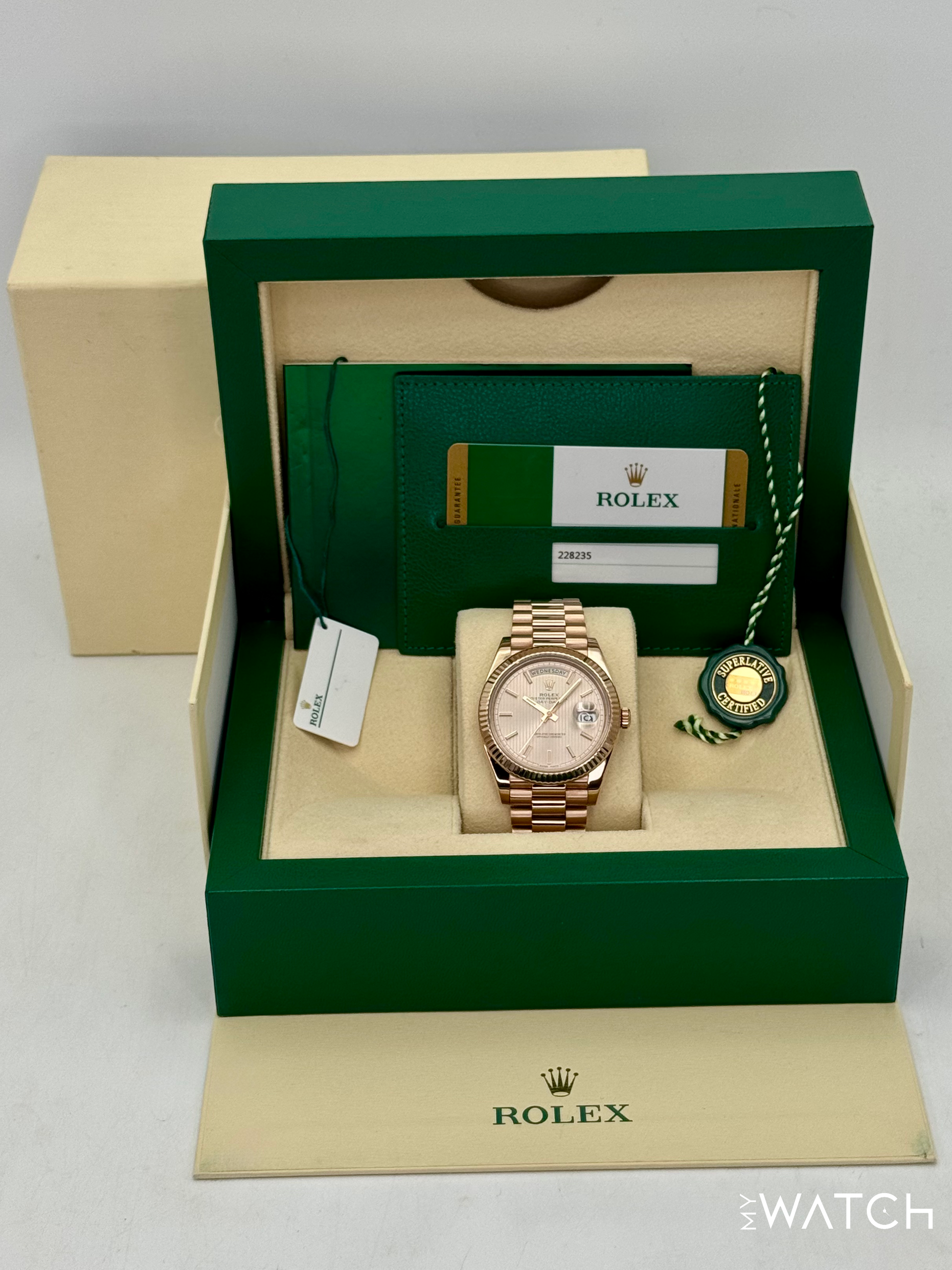 2018 Rolex Day-Date 40mm 228235 Presidential Rose Gold Stripe Motif Dial - MyWatchLLC