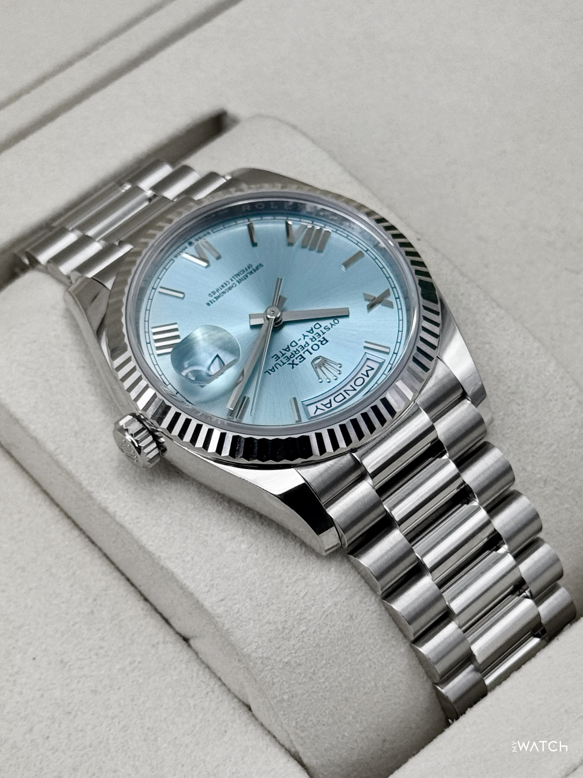NEW 2026 Rolex Day-Date Platinum 36mm 128236 Ice Blue Roman Dial - MyWatchLLC