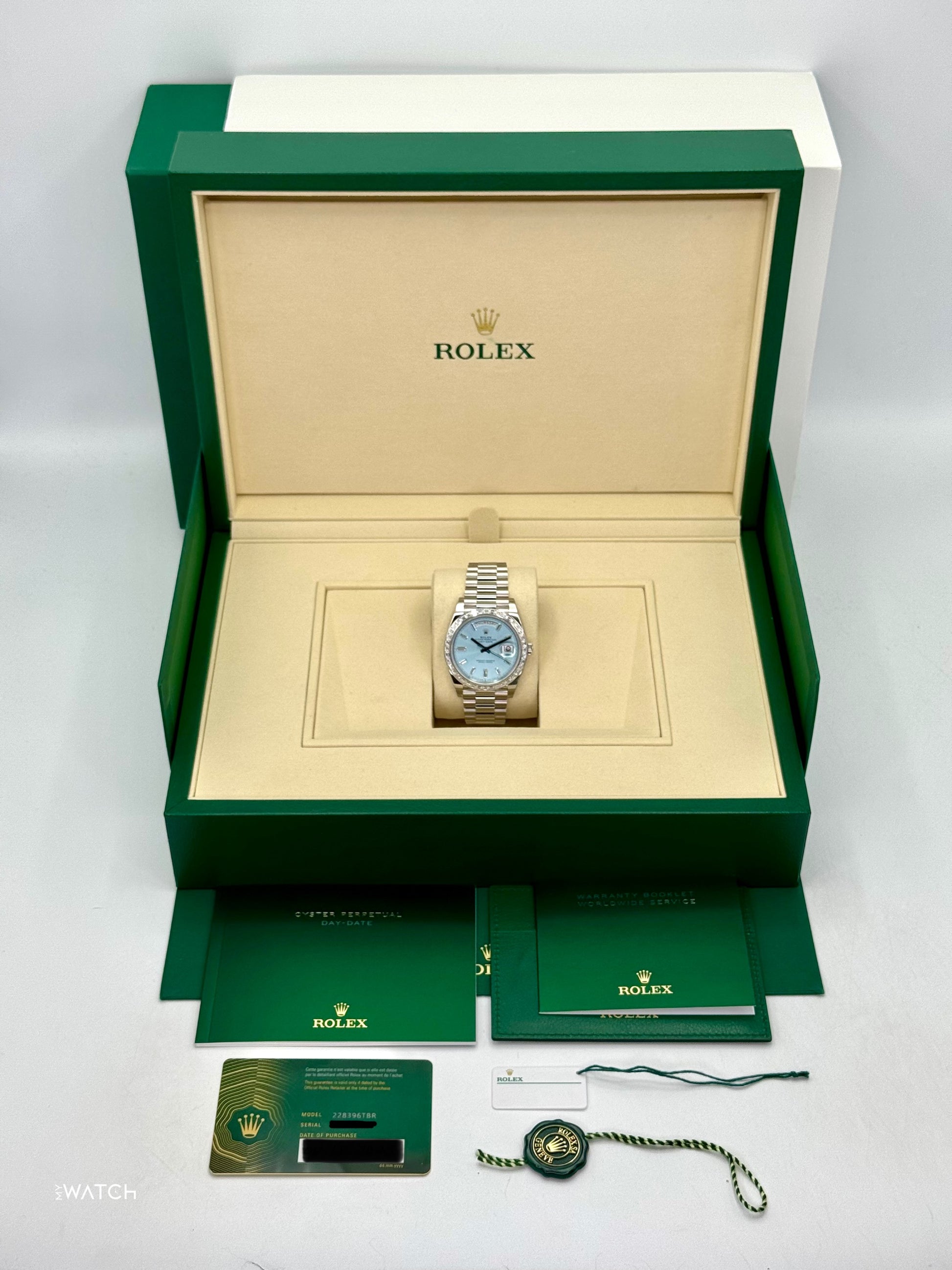 NEW 2025 Rolex Day-Date 40mm 228396TBR Ice Blue Diamond Baguette Dial - MyWatchLLC