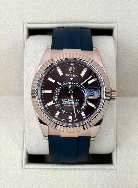2022 Rolex Sky-Dweller 42mm 326935 Rose Gold Oysterflex Chocolate Dial - MyWatchLLC