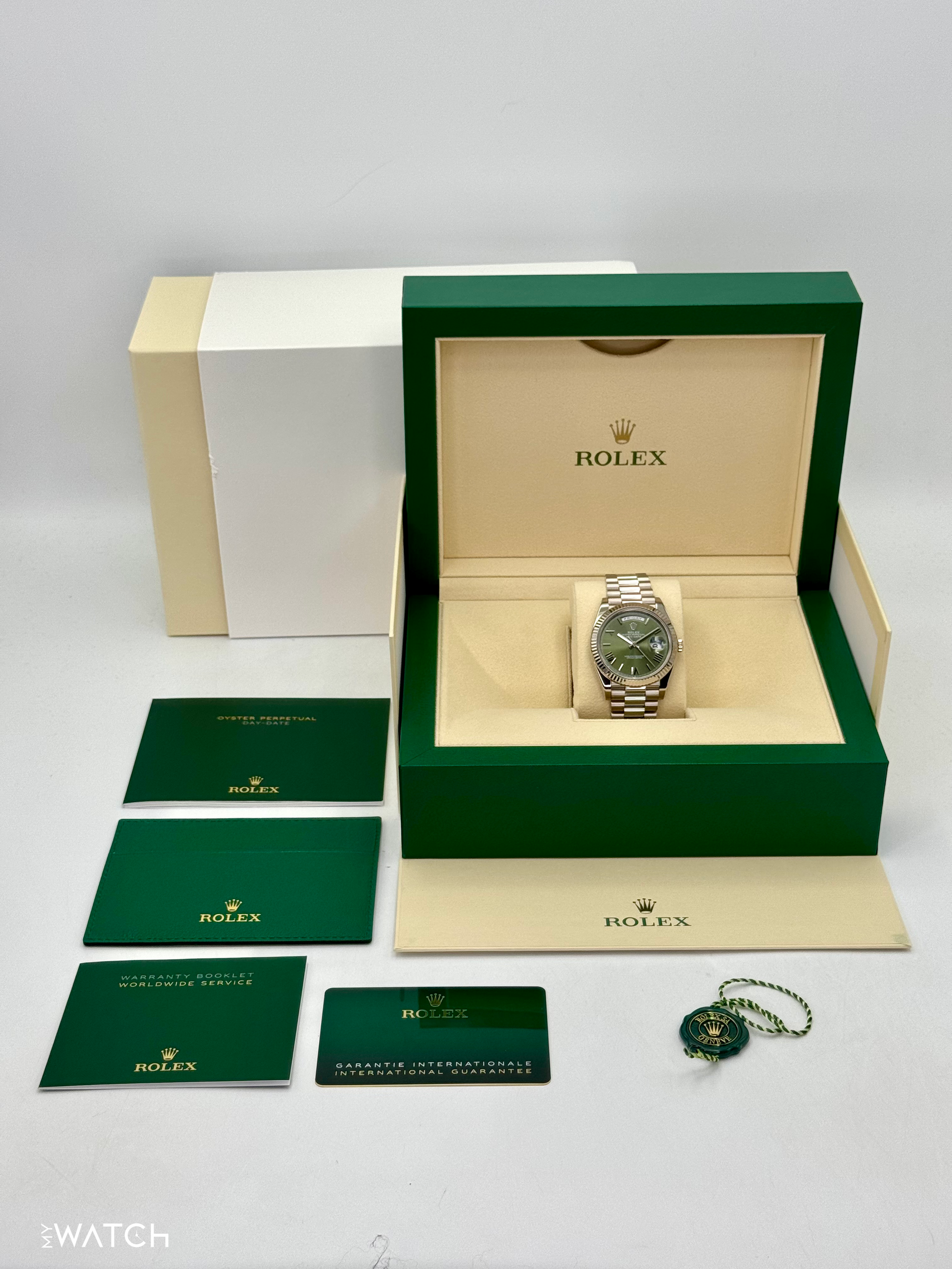 2022 Rolex Day-Date 40mm 228239 White Gold Olive Dial - MyWatchLLC