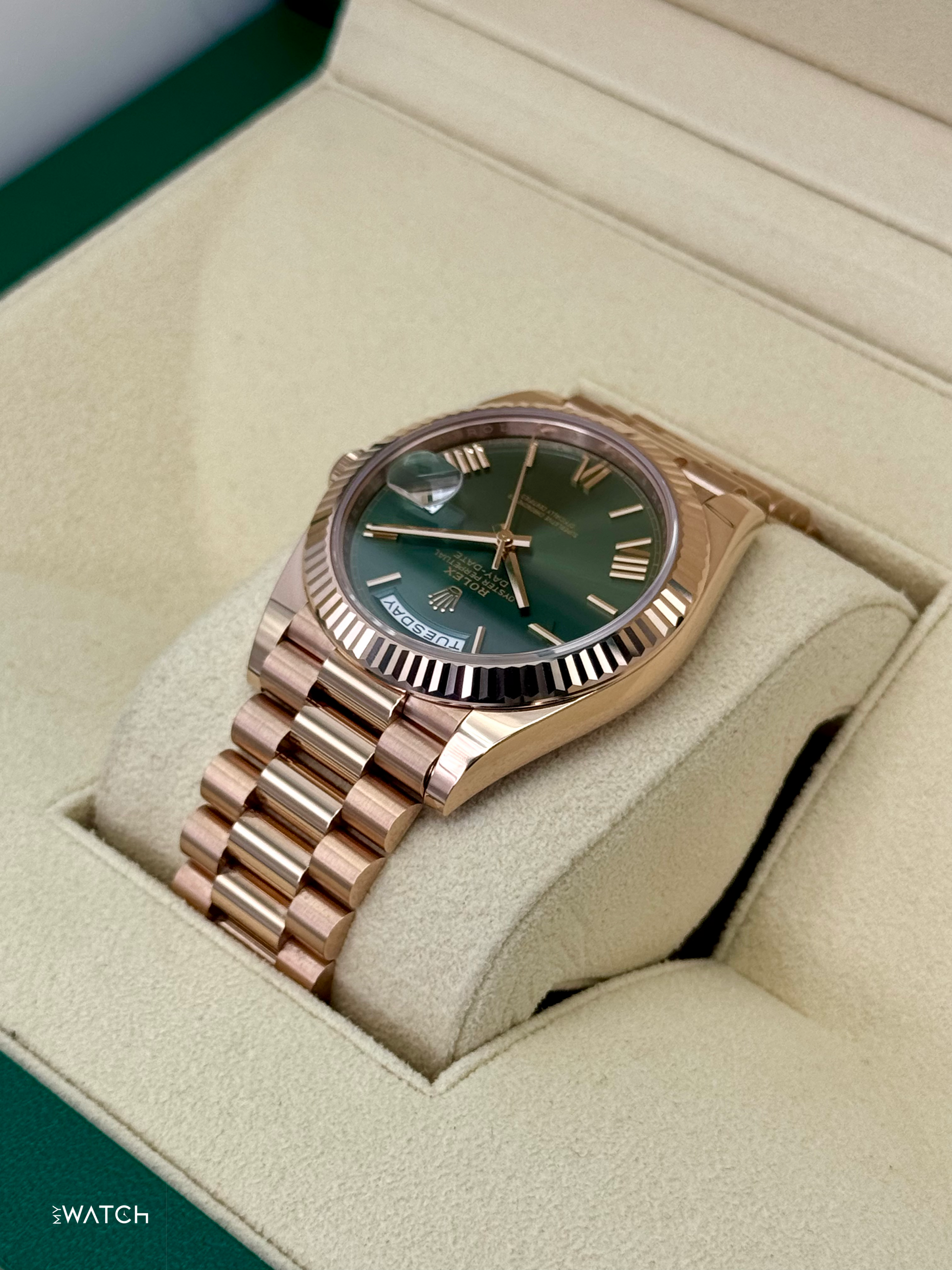 2025 Rolex Day-Date 40mm 228235 Presidential Rose Gold Olive Dial - MyWatchLLC