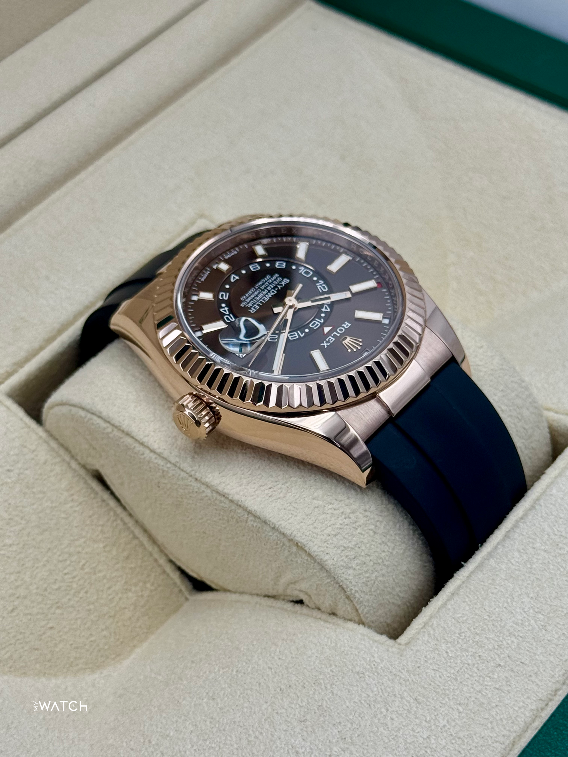 2022 Rolex Sky-Dweller 42mm 326935 Rose Gold Oysterflex Chocolate Dial - MyWatchLLC