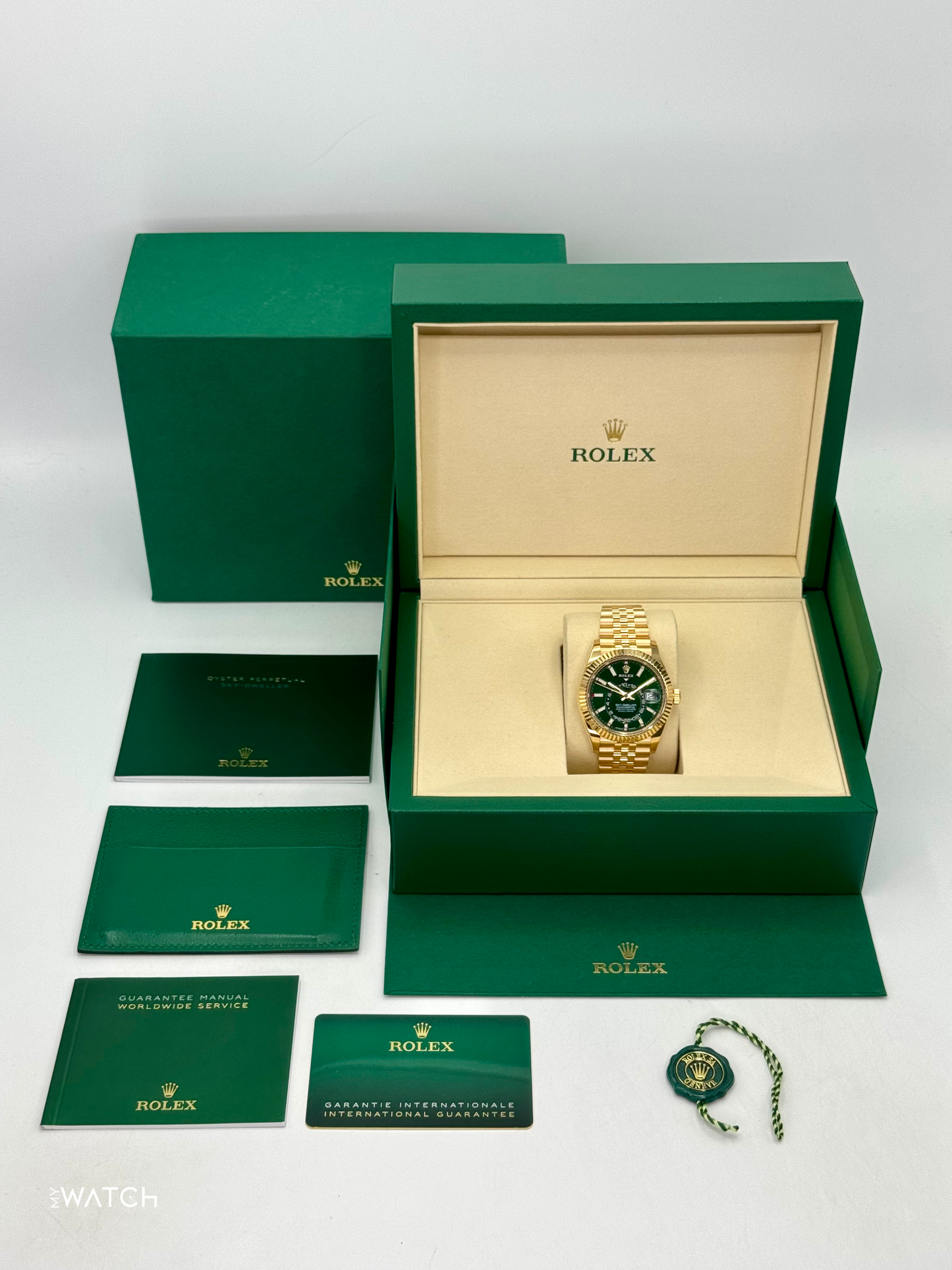 NEW 2025 Rolex Sky-Dweller 42mm 336938 Yellow Gold Jubilee Green Dial - MyWatchLLC