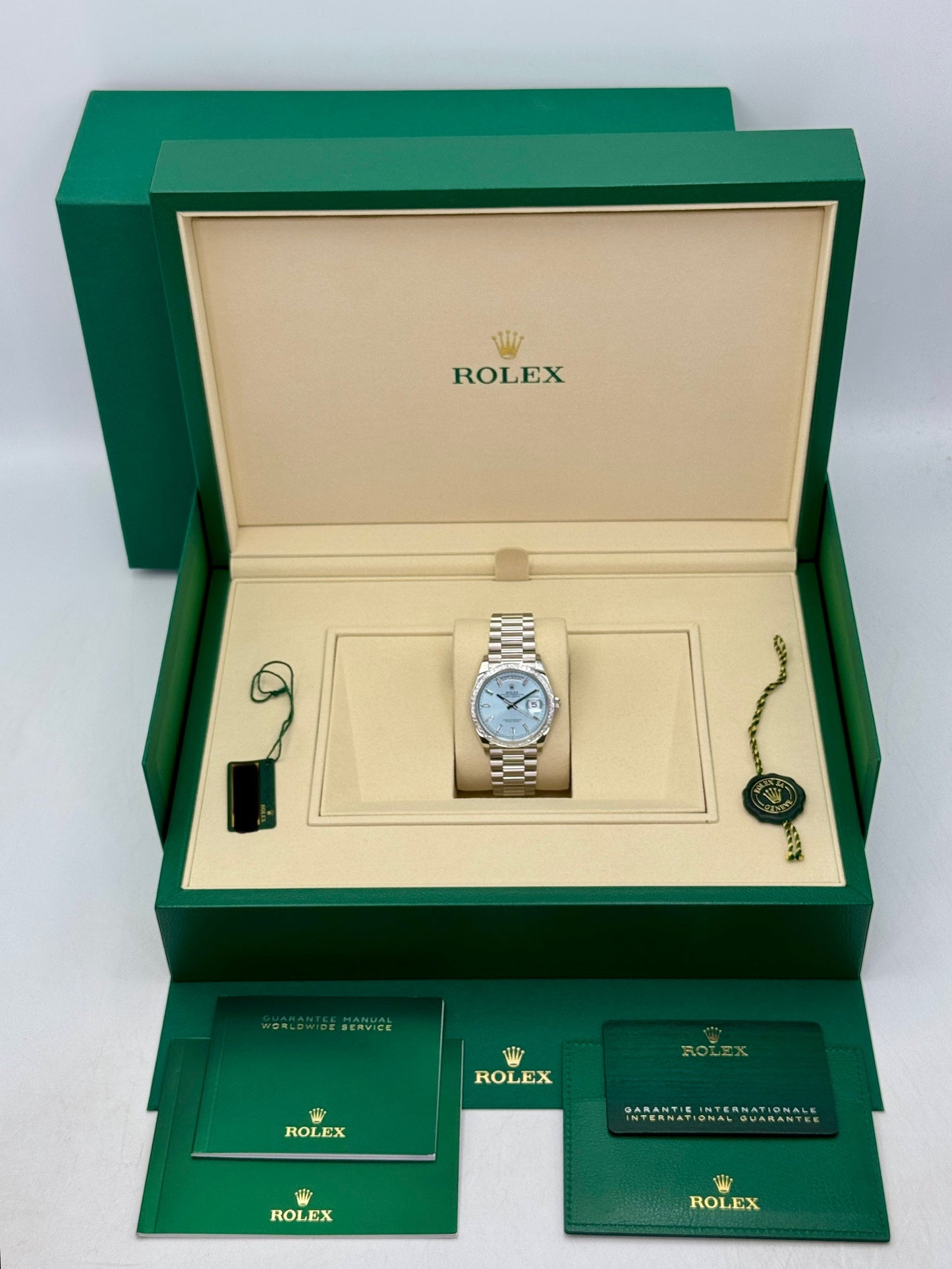 NEW 2026 Rolex Day-Date 36mm 128396TBR Ice Blue Roman Numeral Dial (NEW STYLE CARD)