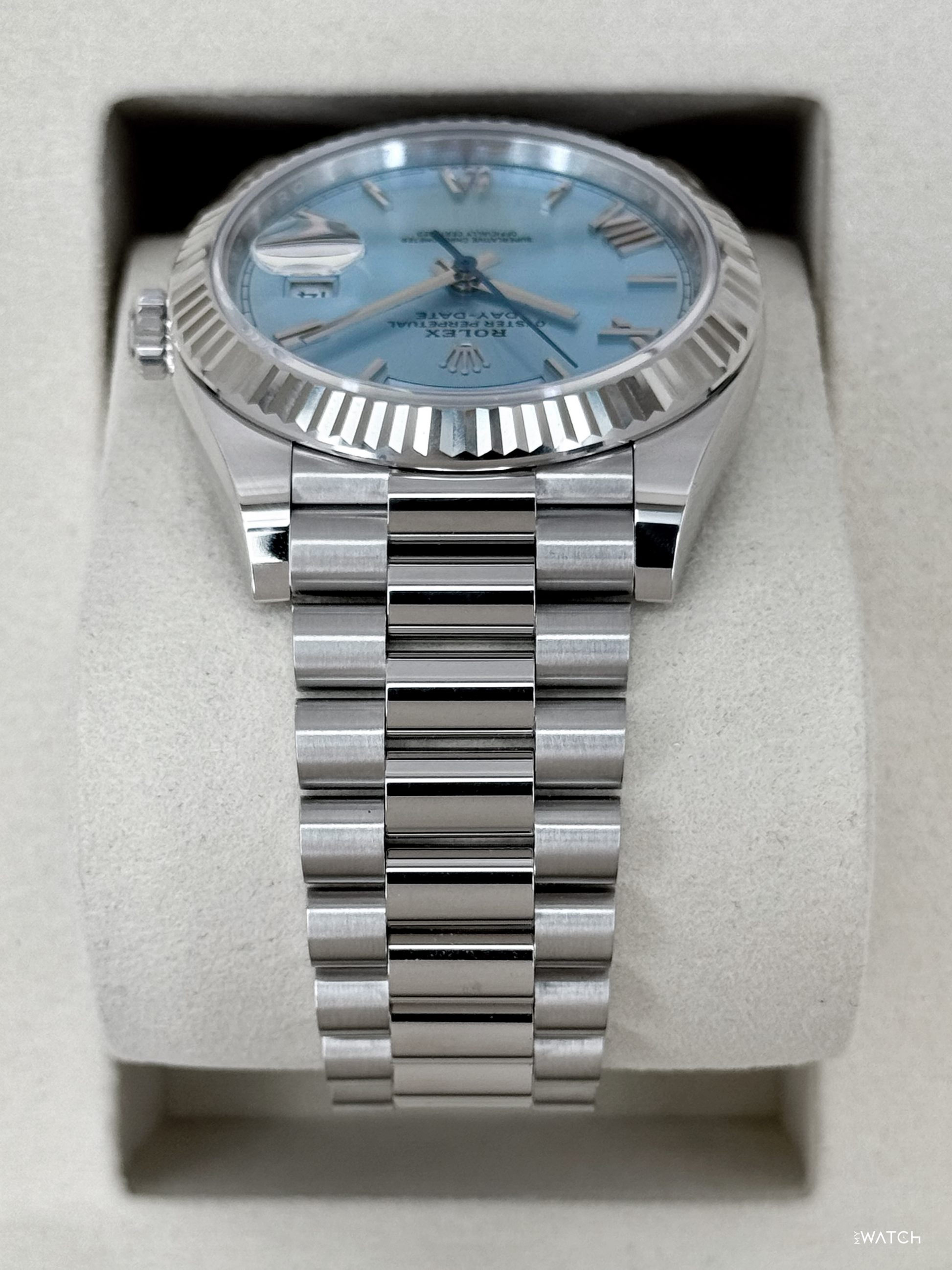 NEW 2026 Rolex Day-Date Platinum 40mm 228236 Ice Blue Roman Dial - MyWatchLLC