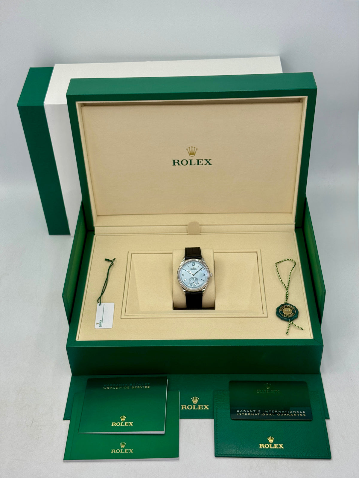 NEW 2026 Rolex 1908 39mm 52506 Platinum Ice Blue Dial Black Strap - MyWatchLLC