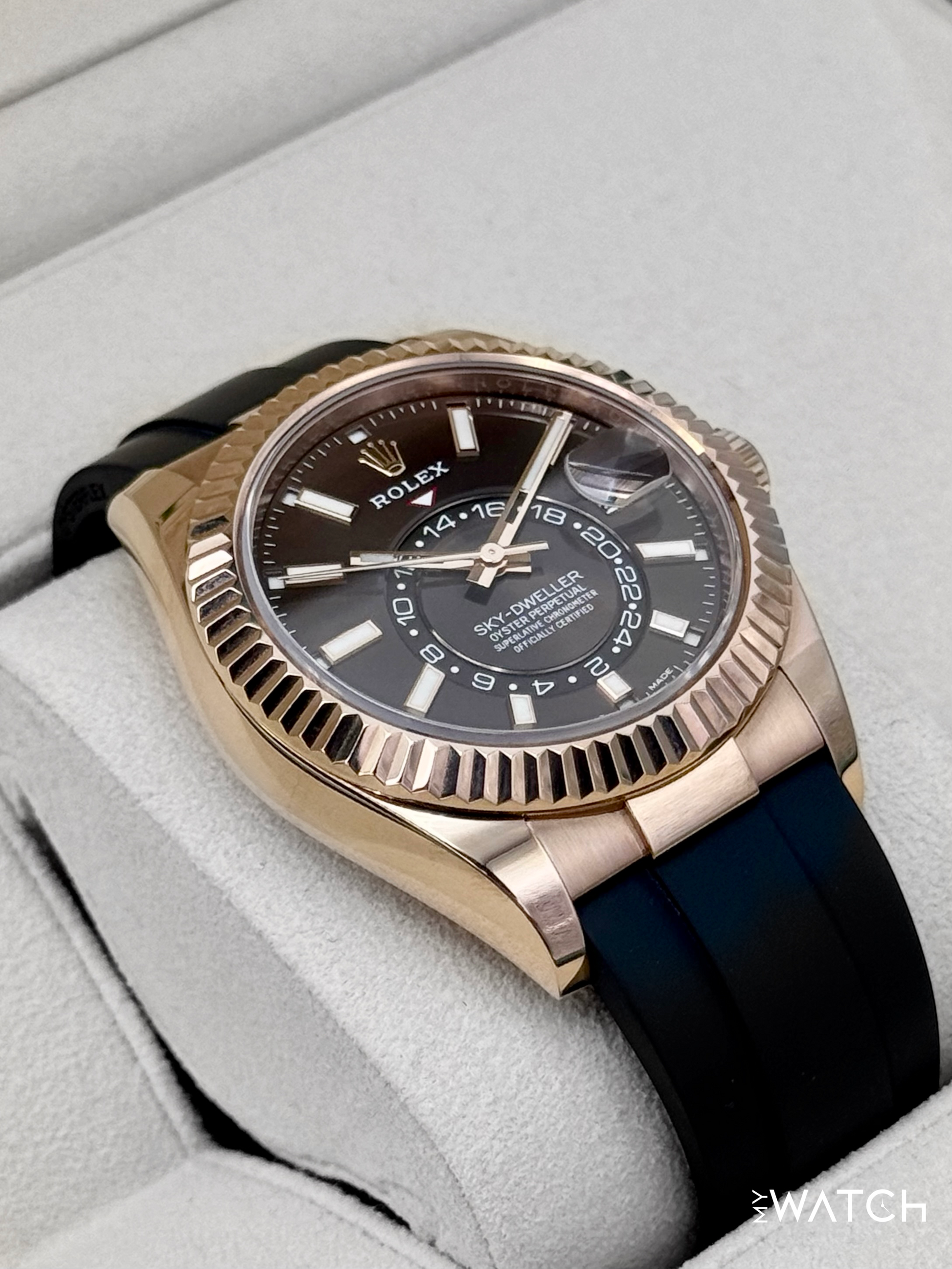 2025 CPO Rolex Sky-Dweller 42mm 326235 Rose Gold Oysterflex Chocolate Dial (CPO) - MyWatchLLC