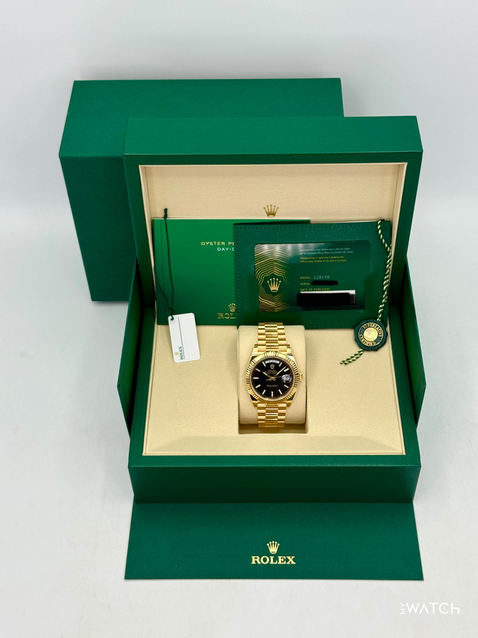 NEW 2026 Rolex Day-Date 40mm 228238 Yellow Gold Black Dial - MyWatchLLC