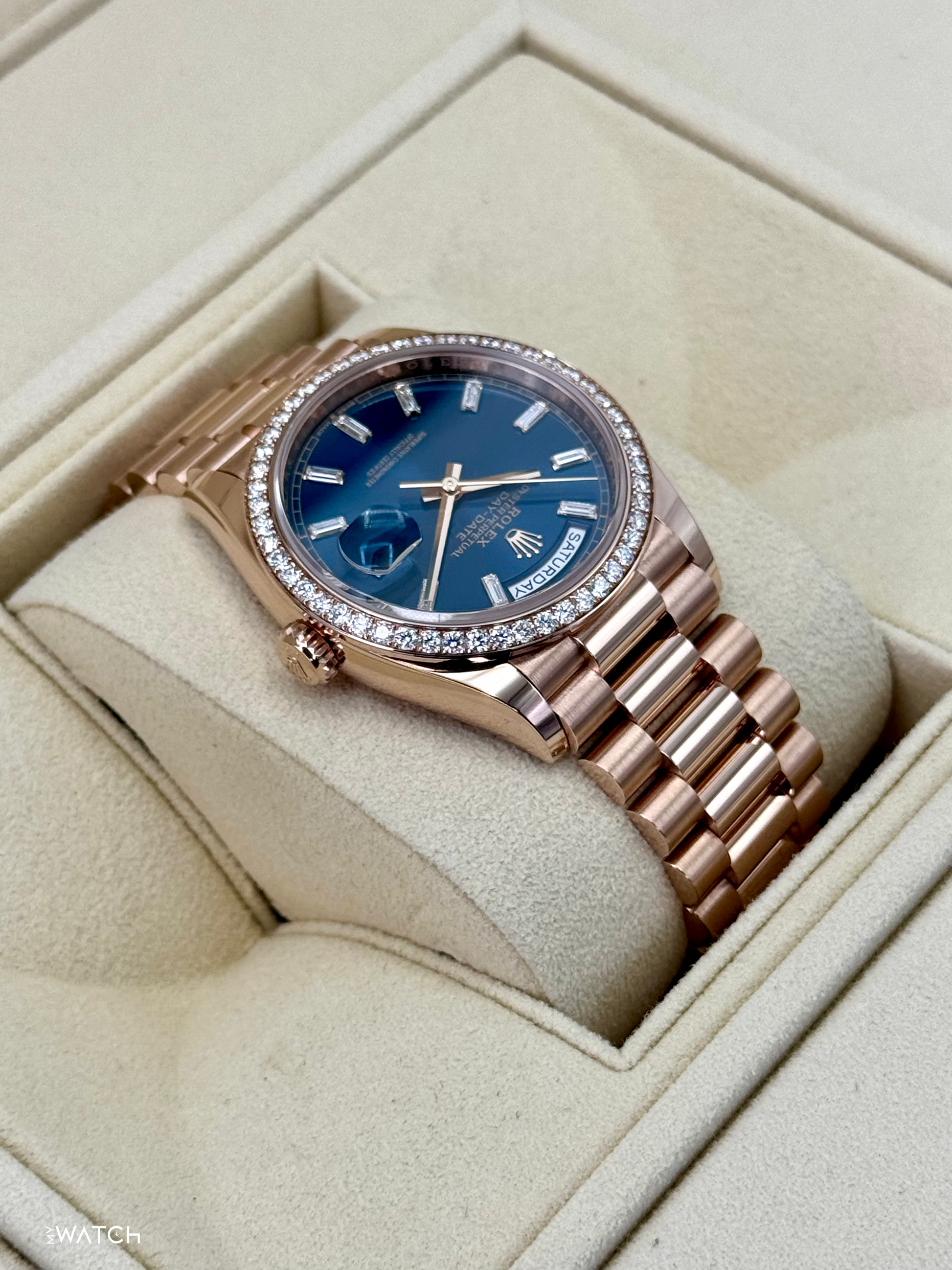 NEW 2025 Rolex Day-Date 36mm 128345RBR Rose Gold Blue Baguette Dial - MyWatchLLC