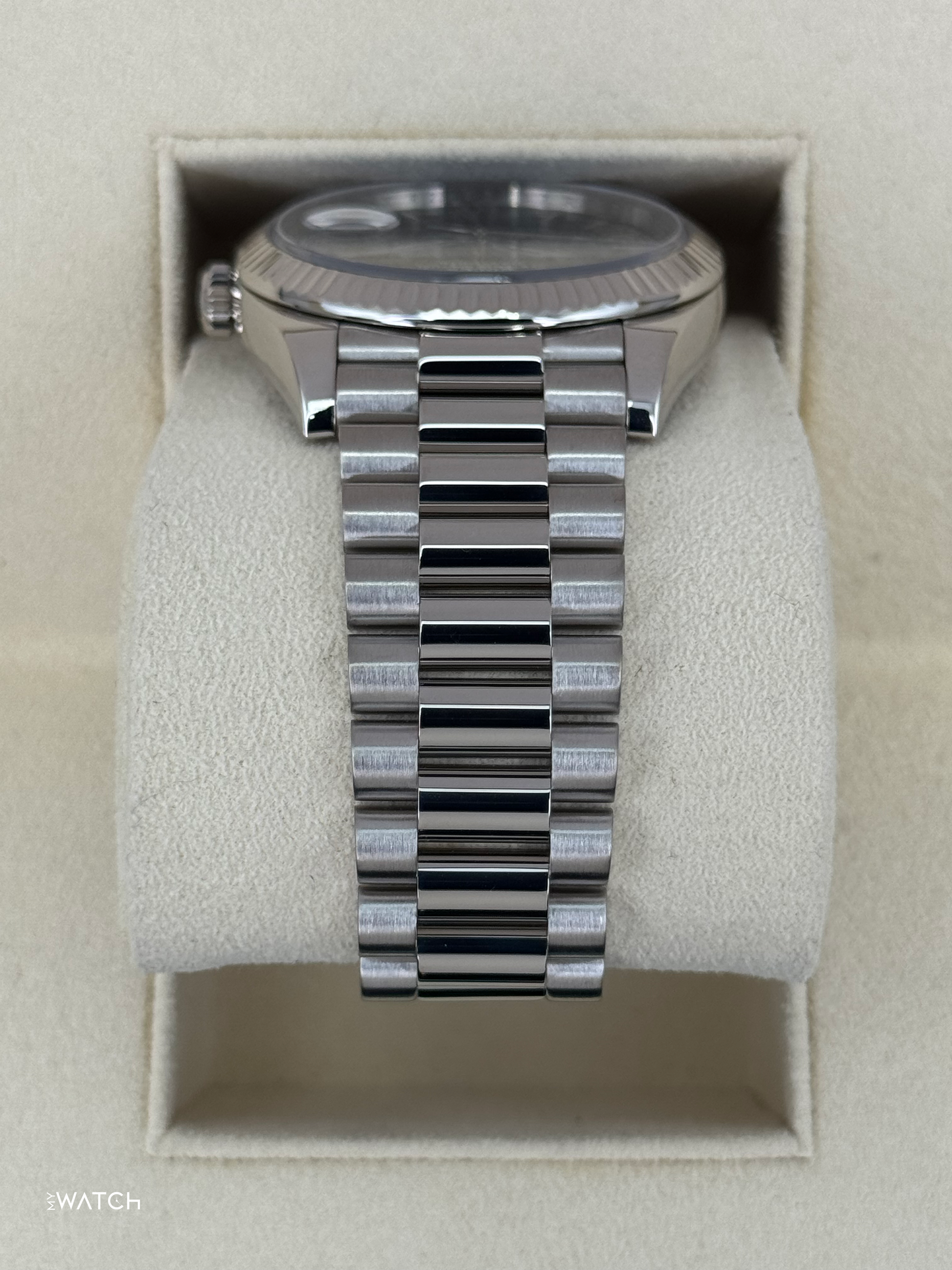 2021 Rolex Day-Date 40mm 228239 White Gold Blue Dial - MyWatchLLC