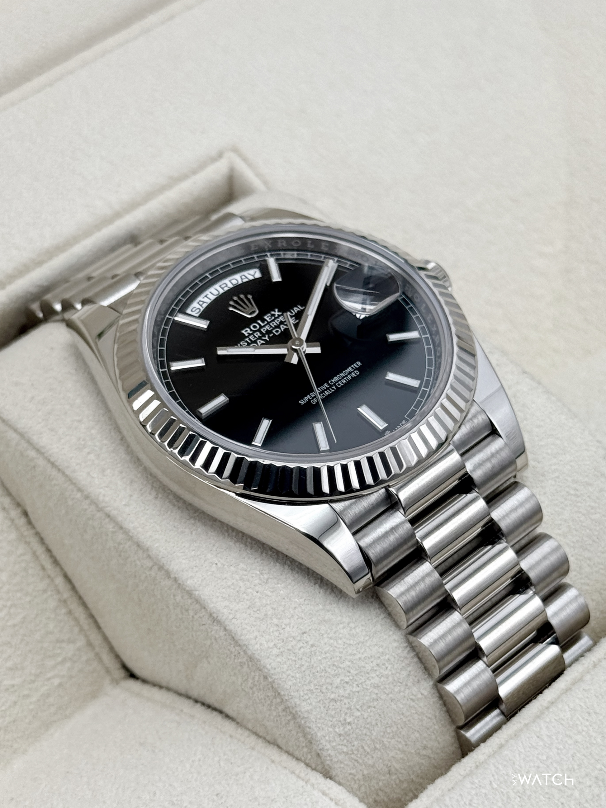 2025 Rolex Day-Date 40mm 228239 Presidential 18kt White Gold Black Dial - MyWatchLLC