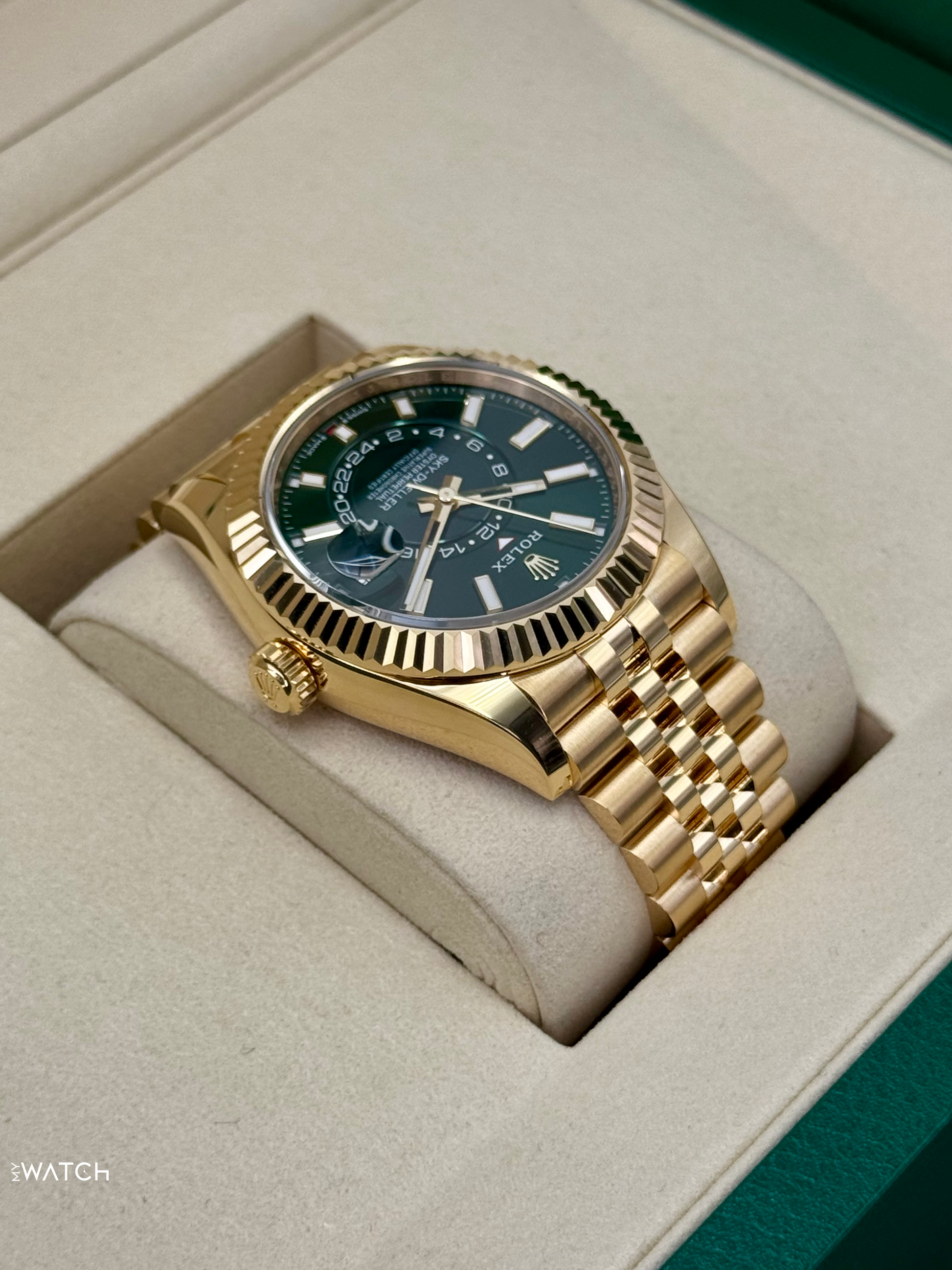 2025 Rolex Sky-Dweller 42mm 336938 Yellow Gold Jubilee Green Dial - MyWatchLLC
