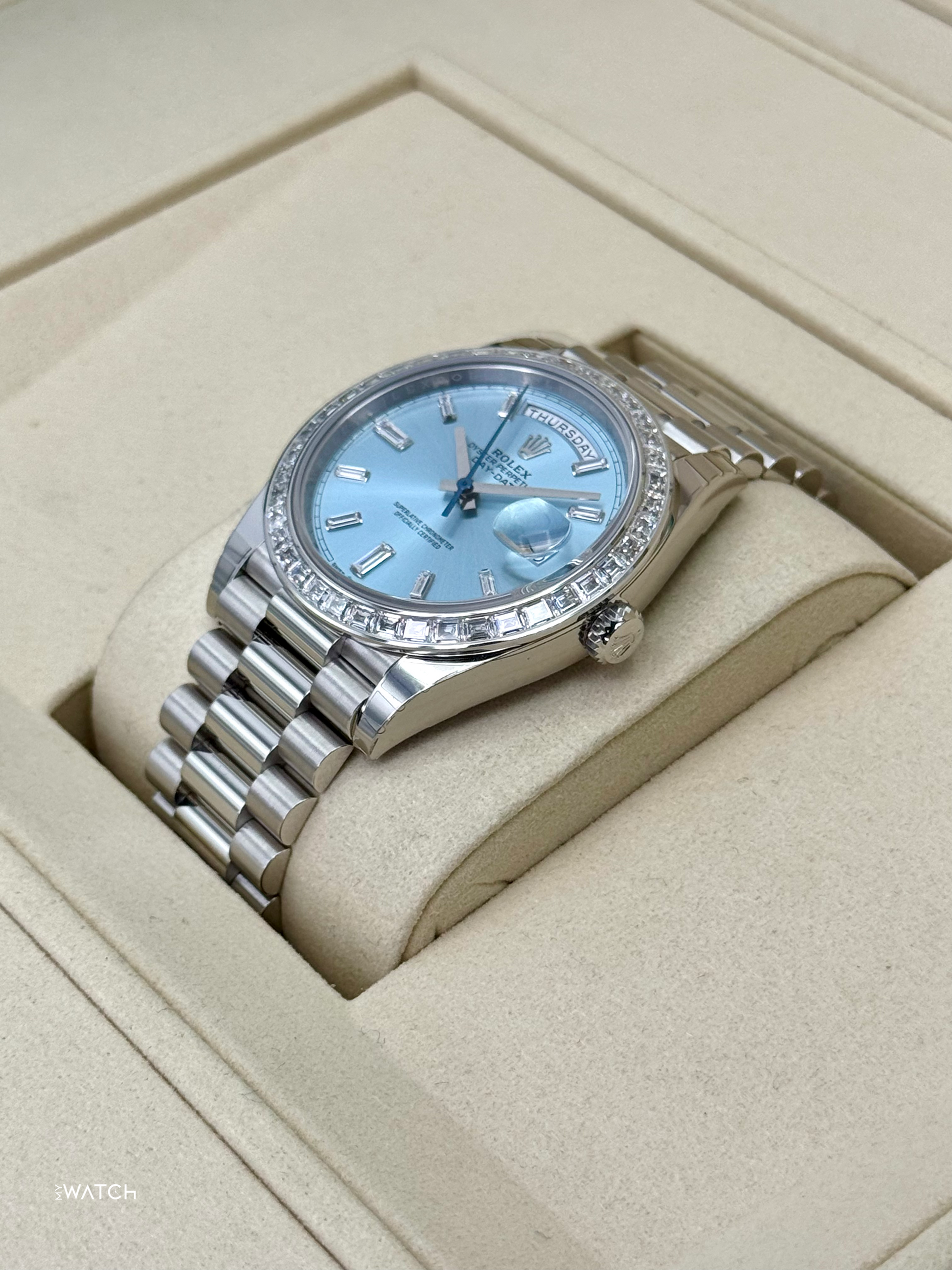 NEW 2025 Rolex Day-Date 40mm 228396TBR Ice Blue Diamond Baguette Dial - MyWatchLLC