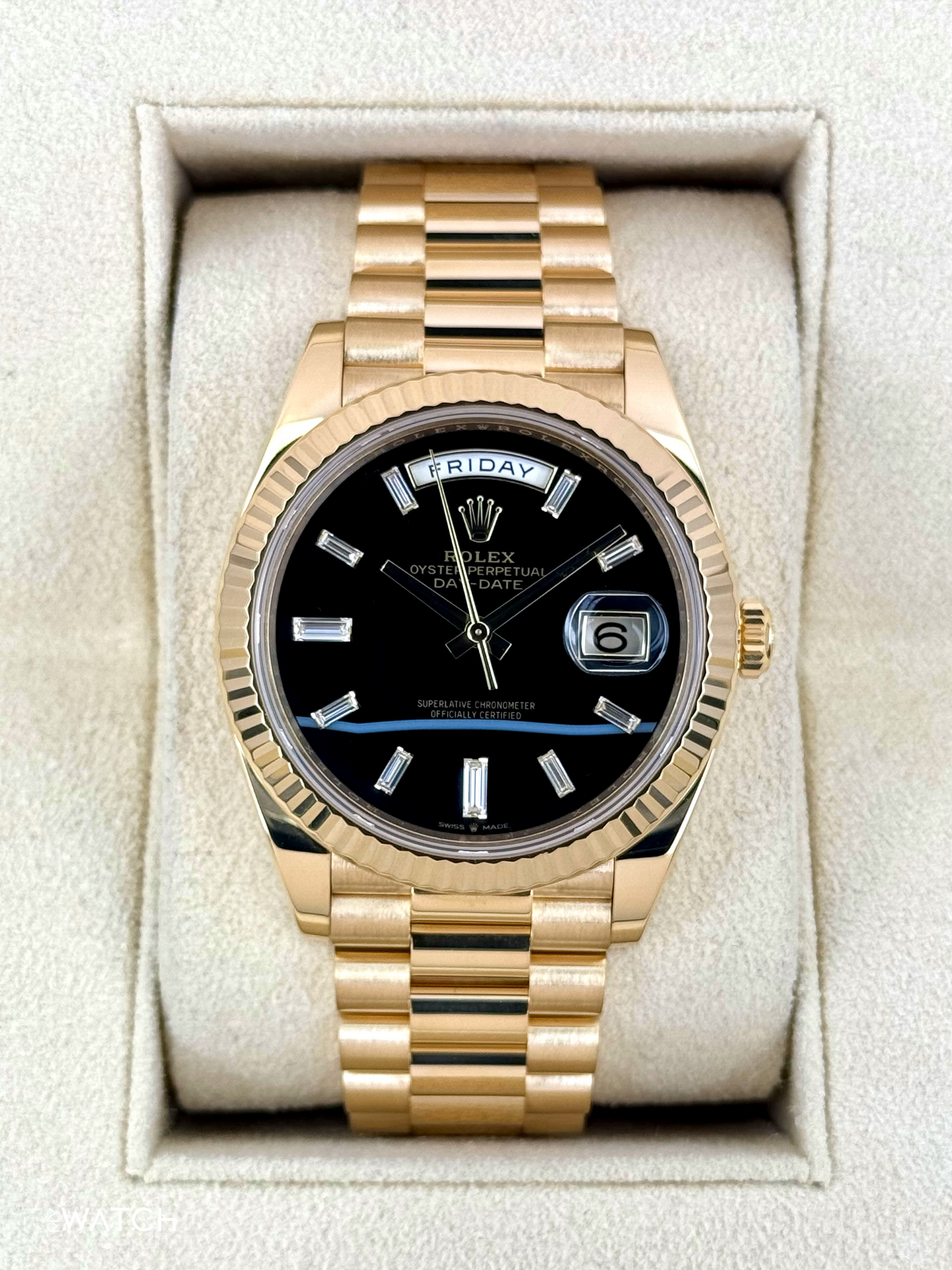 2024 Rolex Day-Date 40mm 228238 Yellow Gold Black Onyx Diamond Dial - MyWatchLLC