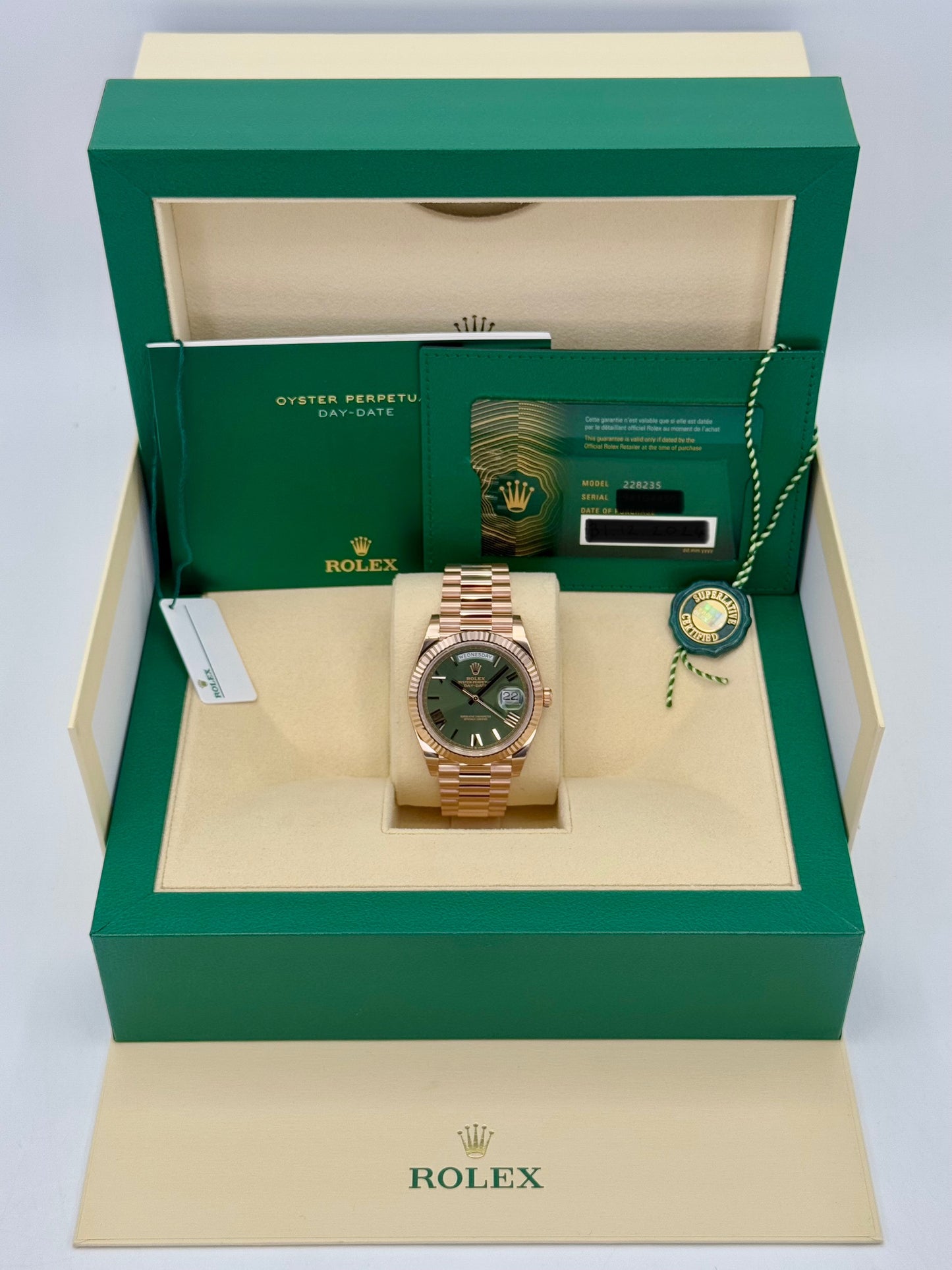 NEW 2025 Rolex Day-Date 40mm 228235 Presidential Rose Gold Olive Dial - MyWatchLLC
