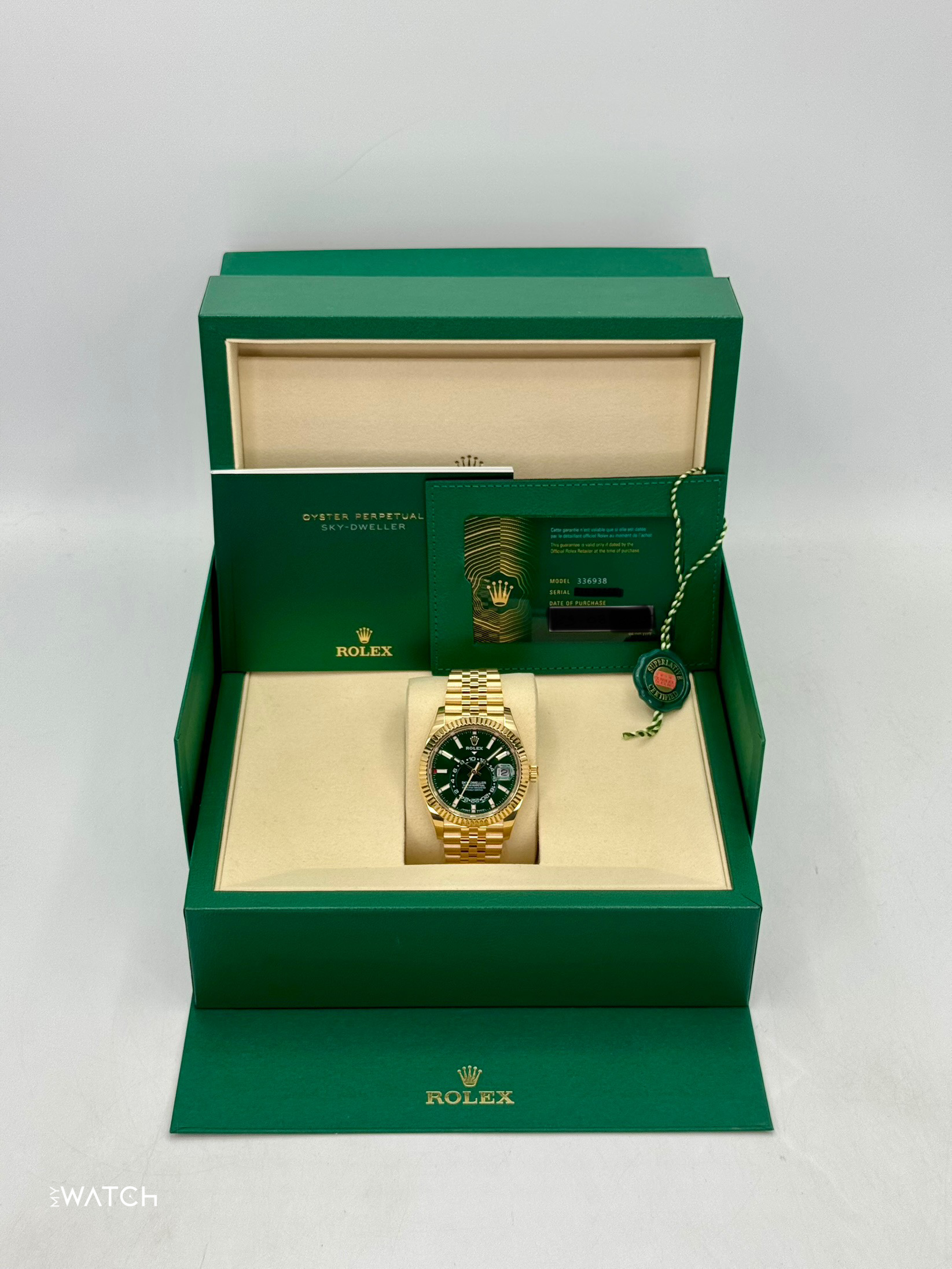 NEW 2025 Rolex Sky-Dweller 42mm 336938 Yellow Gold Jubilee Green Dial - MyWatchLLC