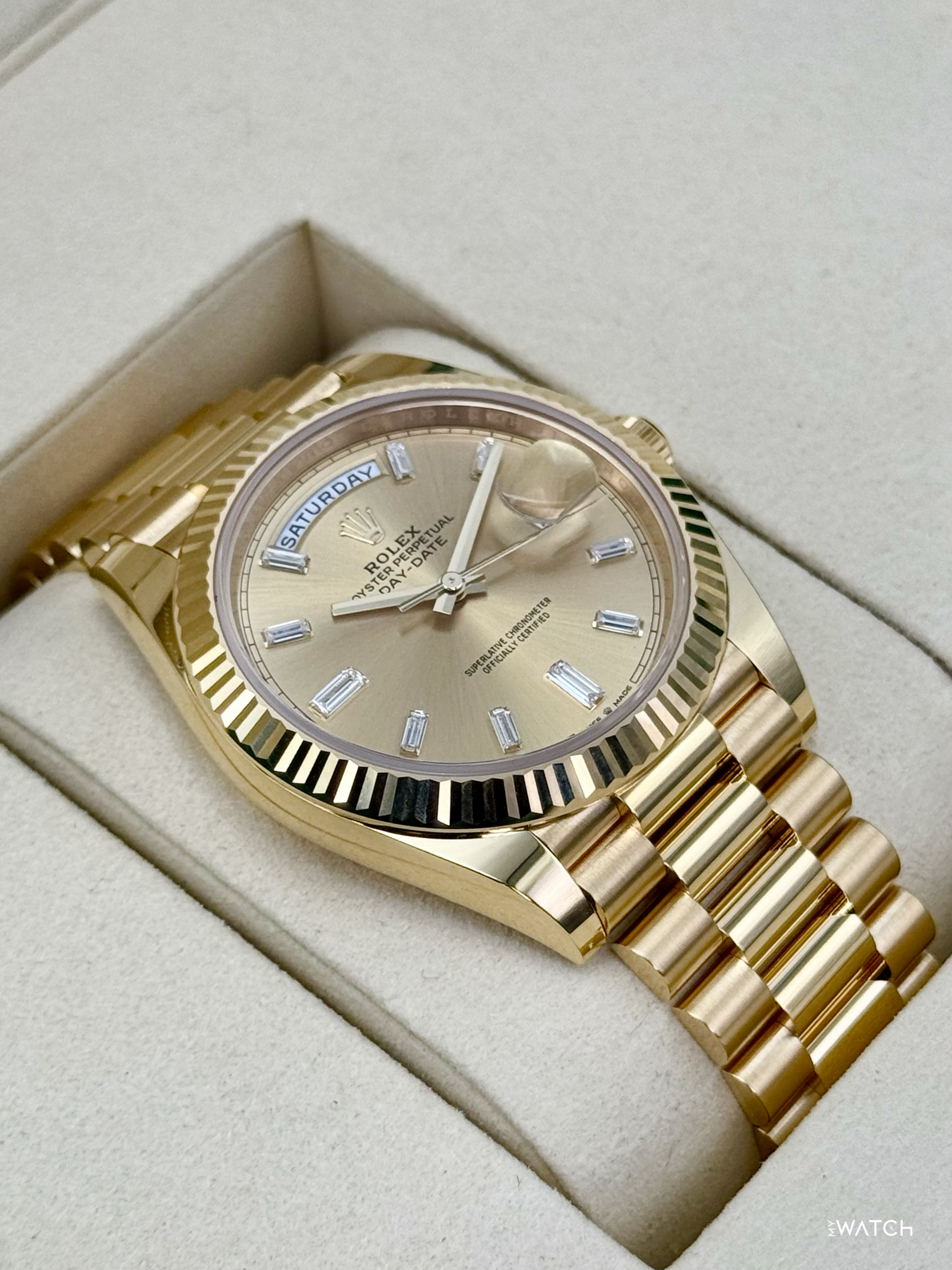 NEW 2026 Rolex Day-Date 40mm 228238 Champagne Diamond Baguette Dial - MyWatchLLC