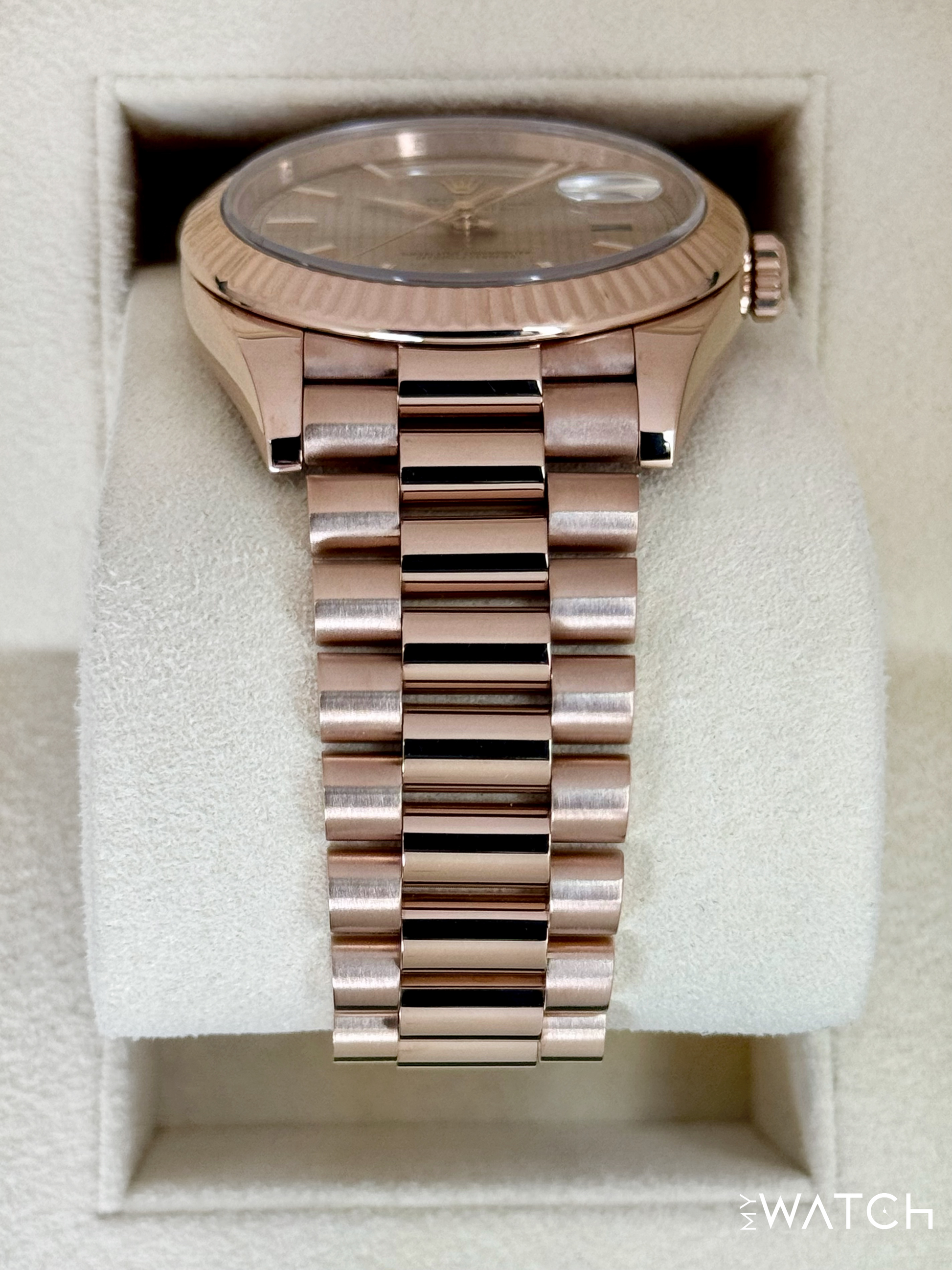 2018 Rolex Day-Date 40mm 228235 Presidential Rose Gold Stripe Motif Dial - MyWatchLLC