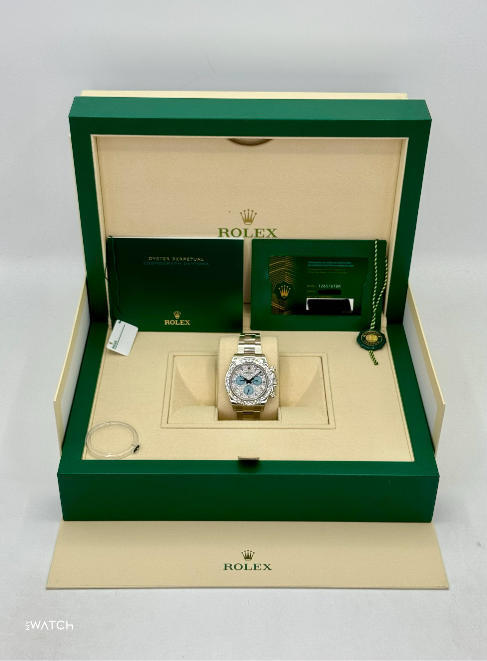 2024 Rolex Daytona 40mm 126576TBR Platinum Diamond Bezel Diamond Paved Dial - MyWatchLLC