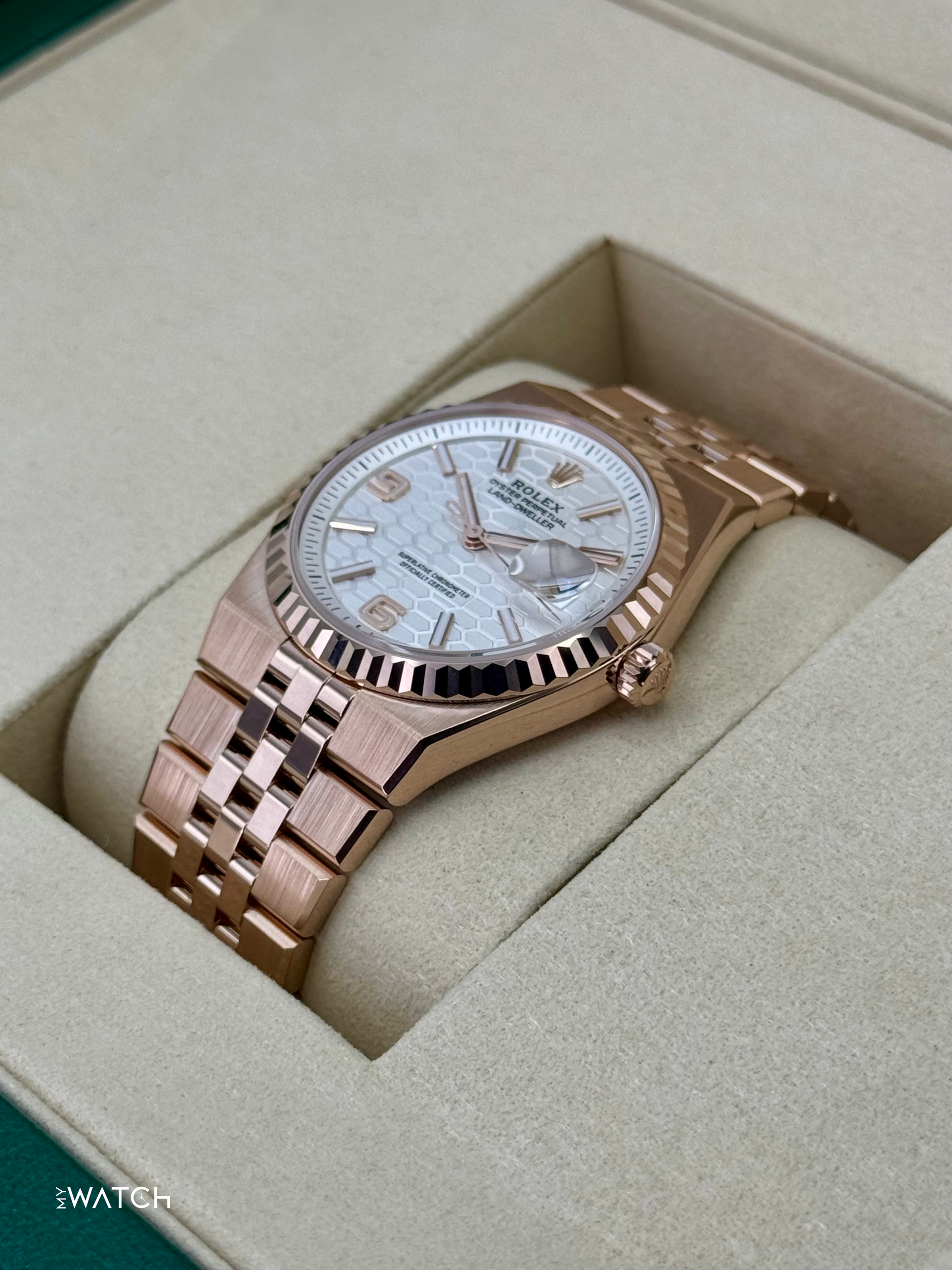 2025 Rolex Land-Dweller 36mm 127235 Rose Gold Flat Jubilee White Dial - MyWatchLLC
