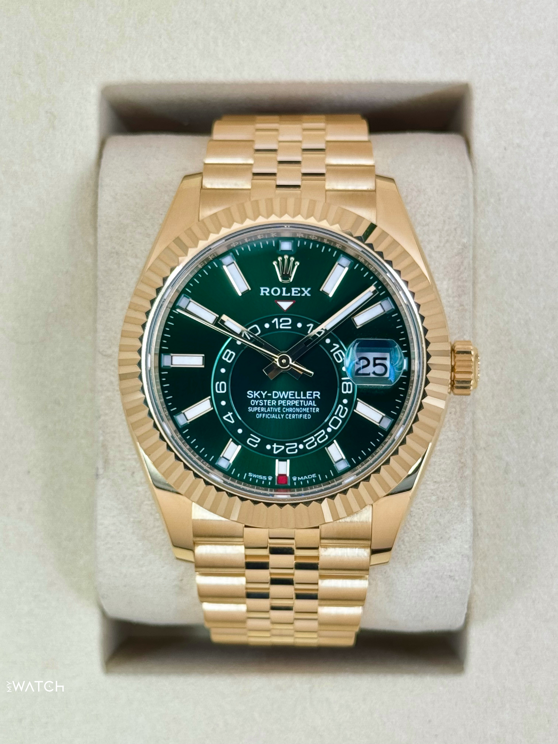2025 Rolex Sky-Dweller 42mm 336938 Yellow Gold Jubilee Green Dial - MyWatchLLC