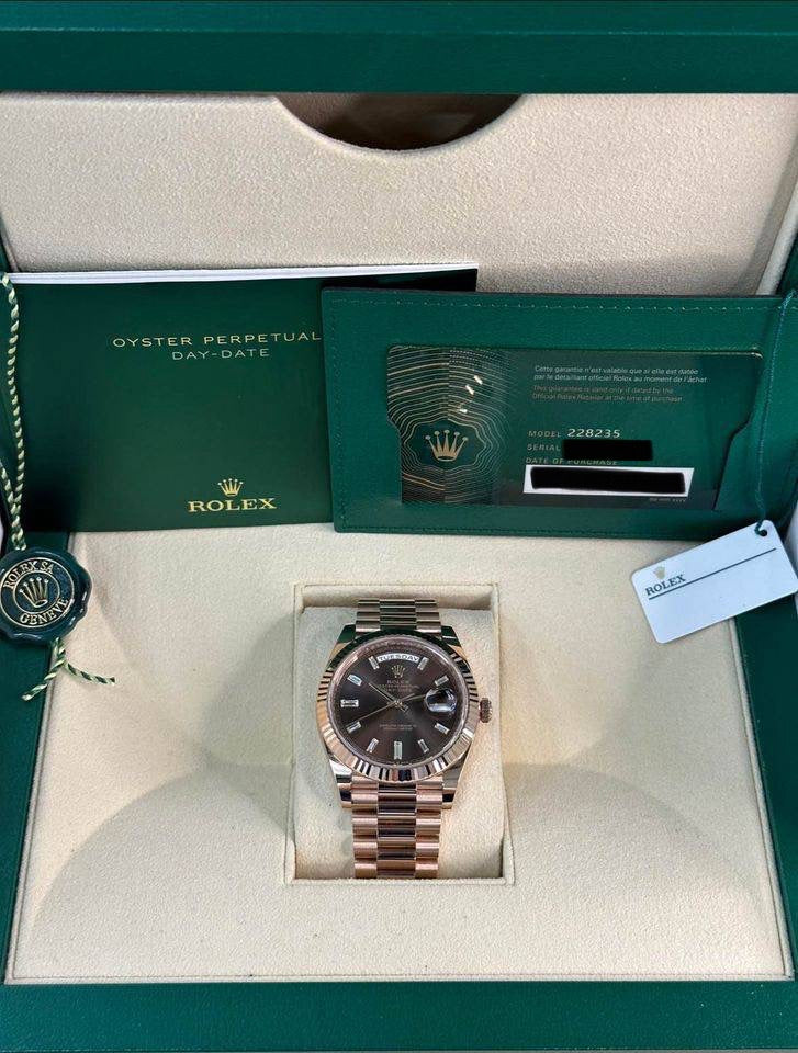 NEW 2025 Rolex Day-Date 40mm 228235 Rose Gold Chocolate Baguette Dial - MyWatchLLC