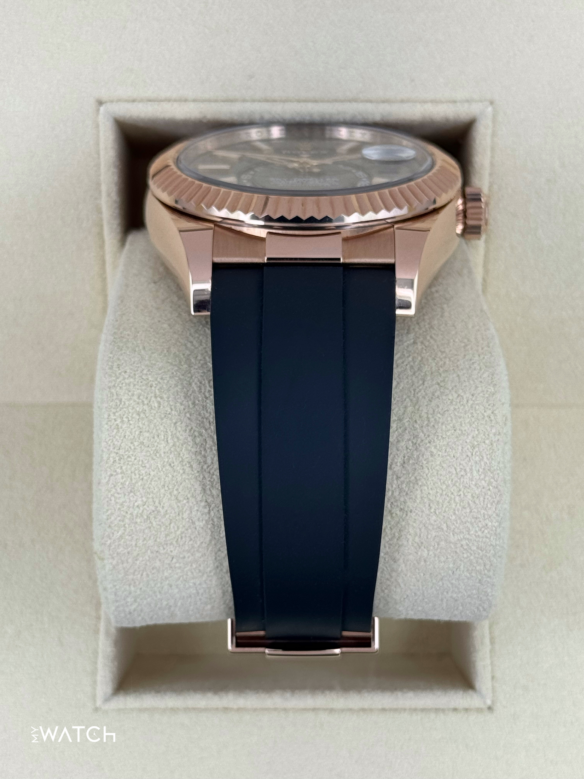 2021 Rolex Sky-Dweller 42mm 326235 Rose Gold Oysterflex Rhodium Dial - MyWatchLLC