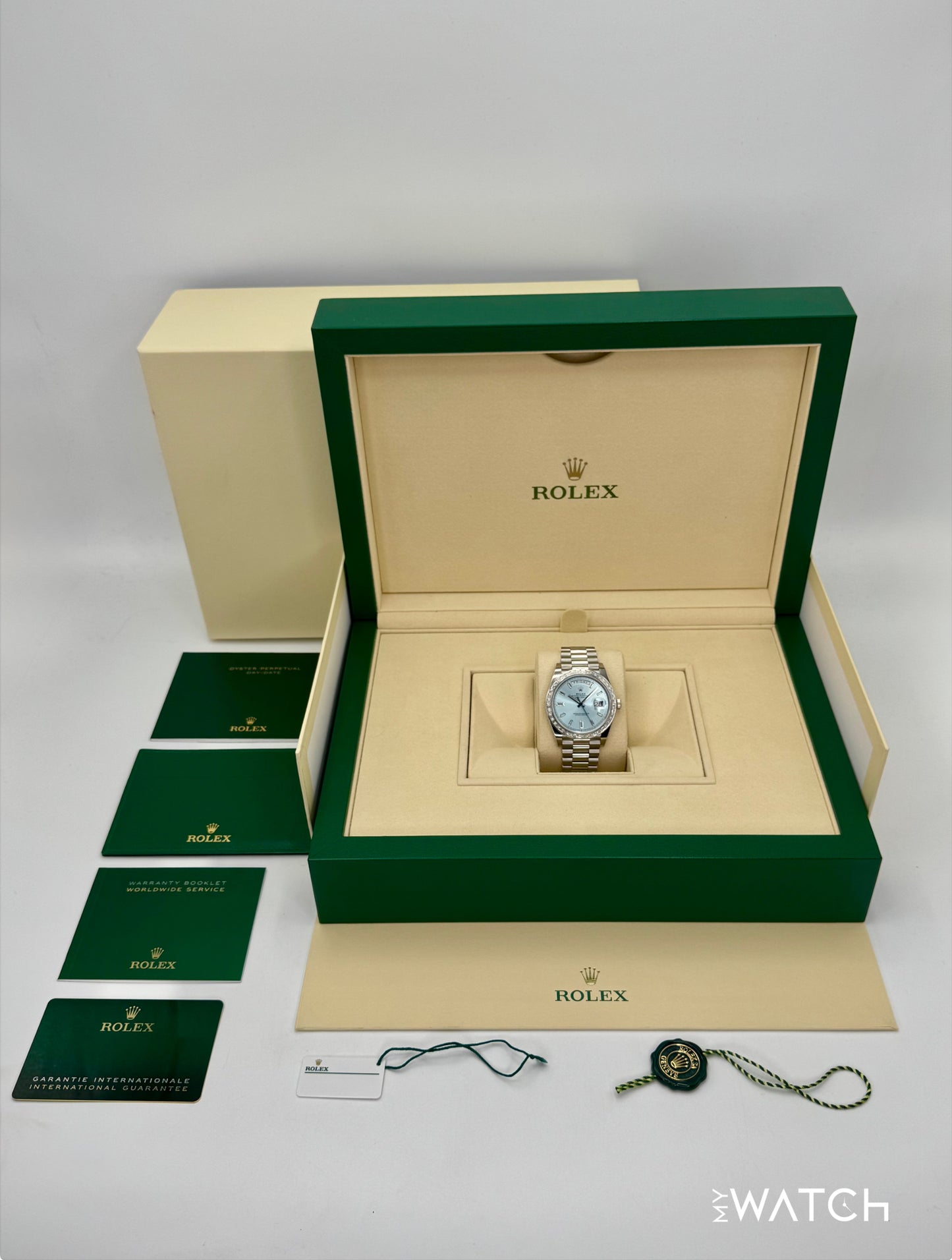 2023 Rolex Day-Date 40mm 228396TBR Ice Blue Diamond Baguette Dial - MyWatchLLC